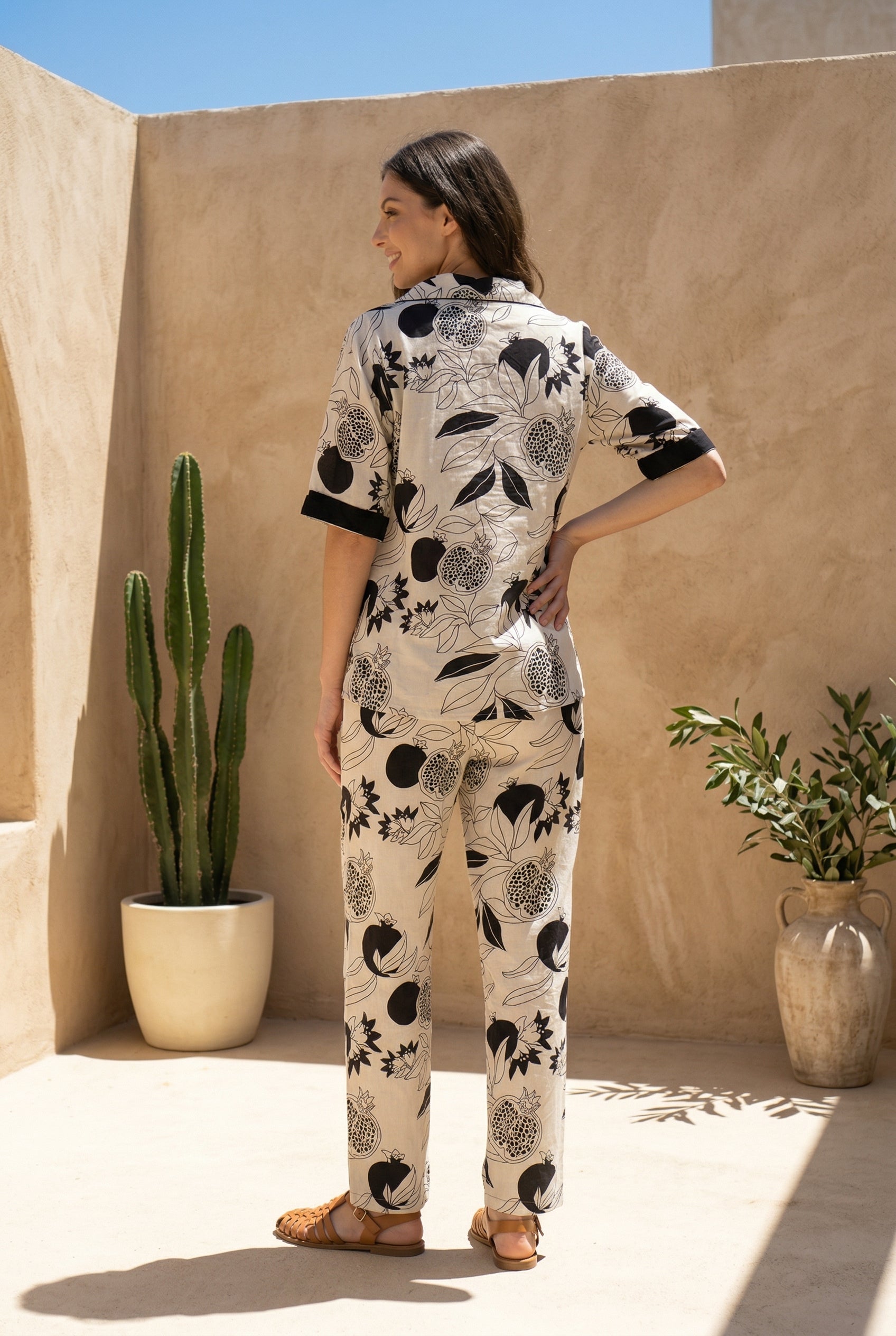 Off White Shirt Collar tropical Print Pure cotton Night Suit For Women