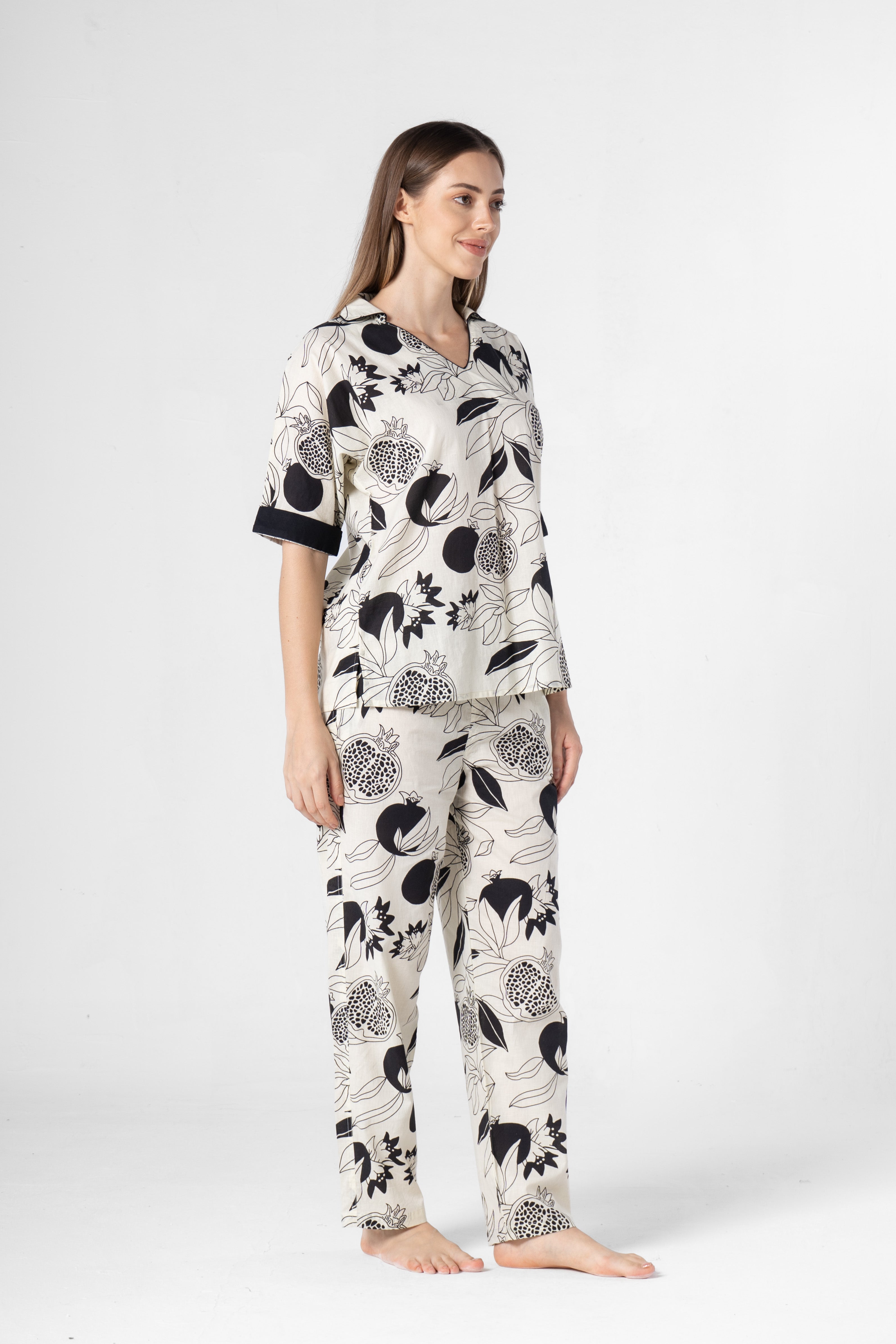 Fruit Printed Black and White Night Suit Set