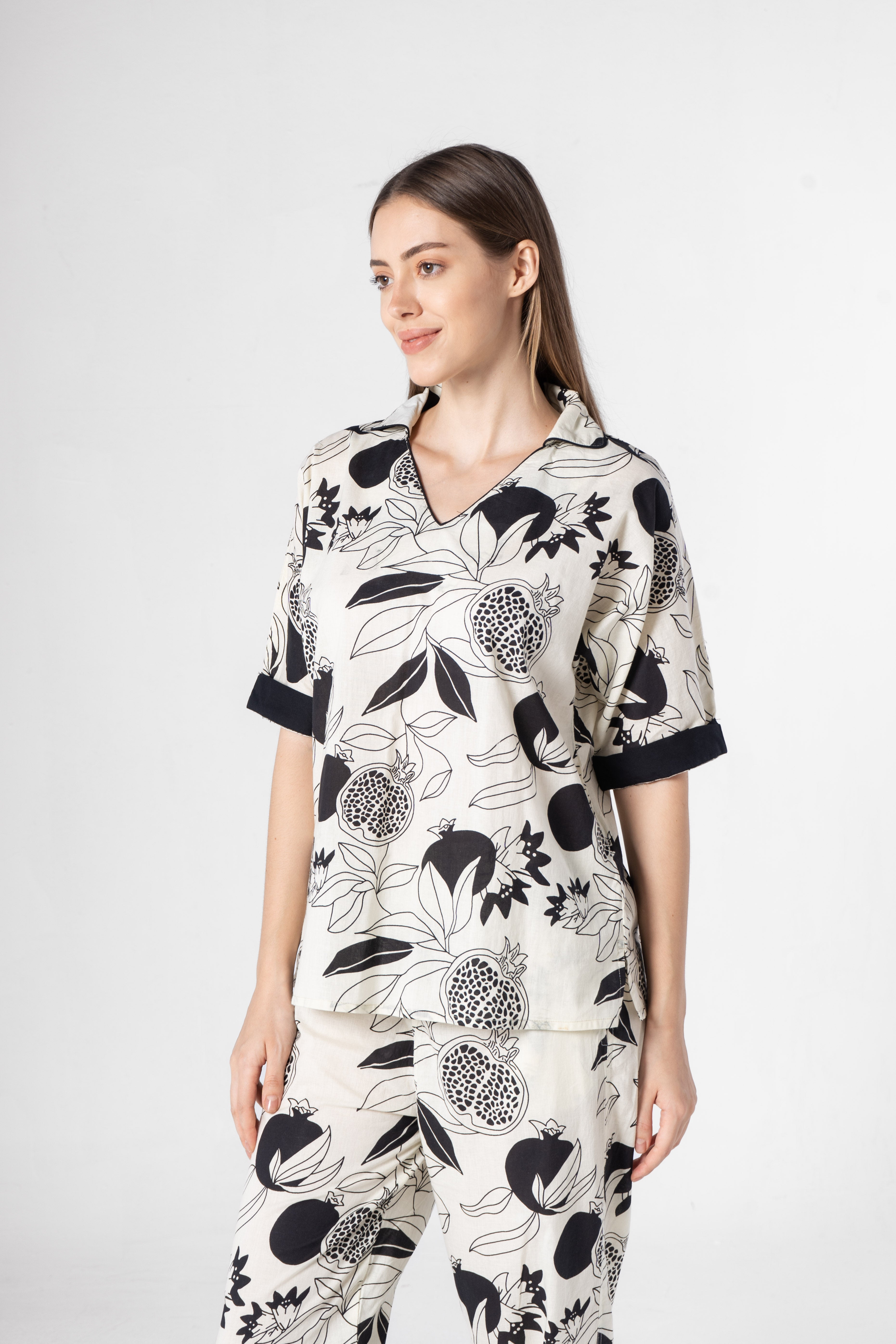 Fruit Printed Black and White Night Suit Set
