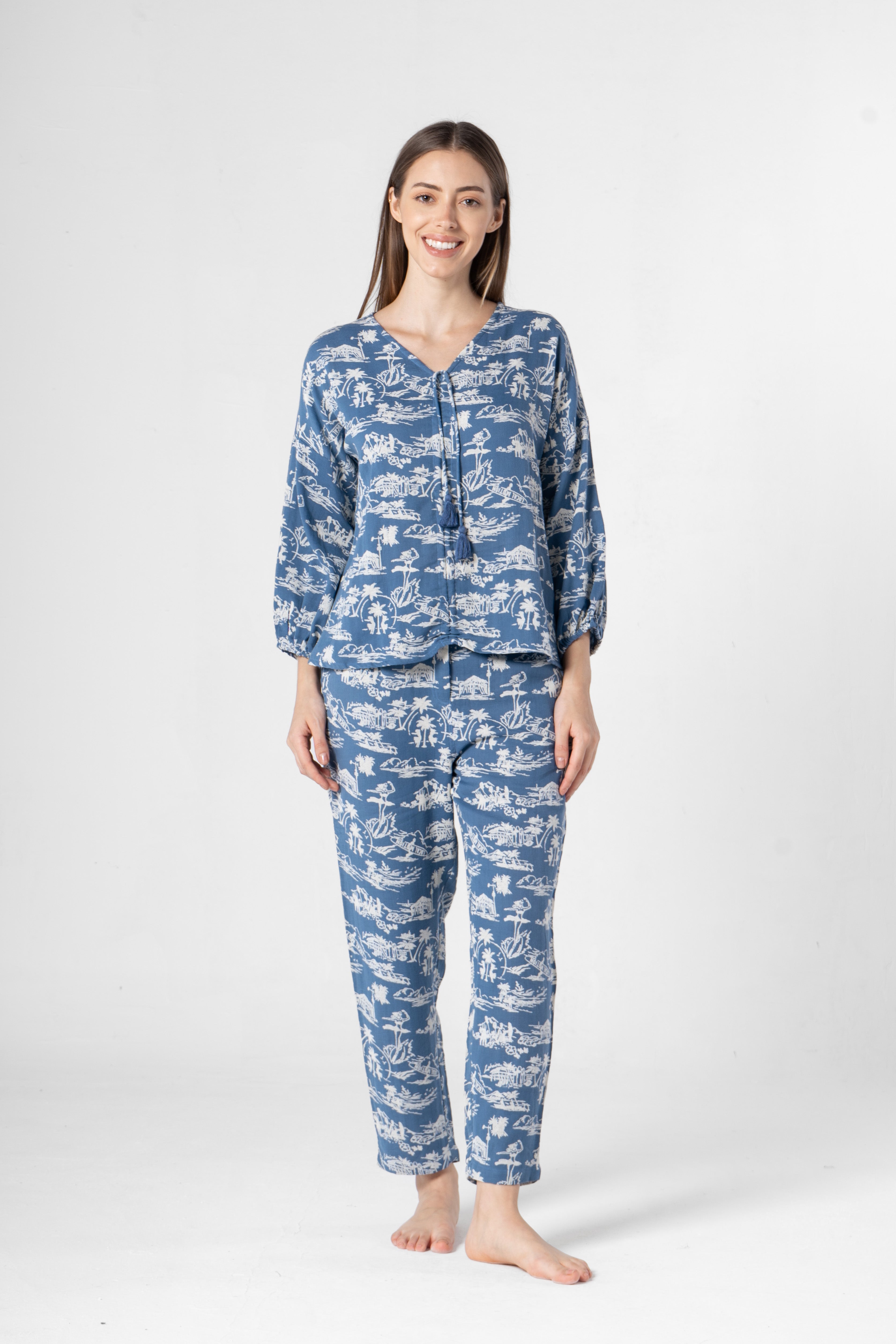 Blue Cotton Printed Co-ords Set for Women - SanskrutiHomes 