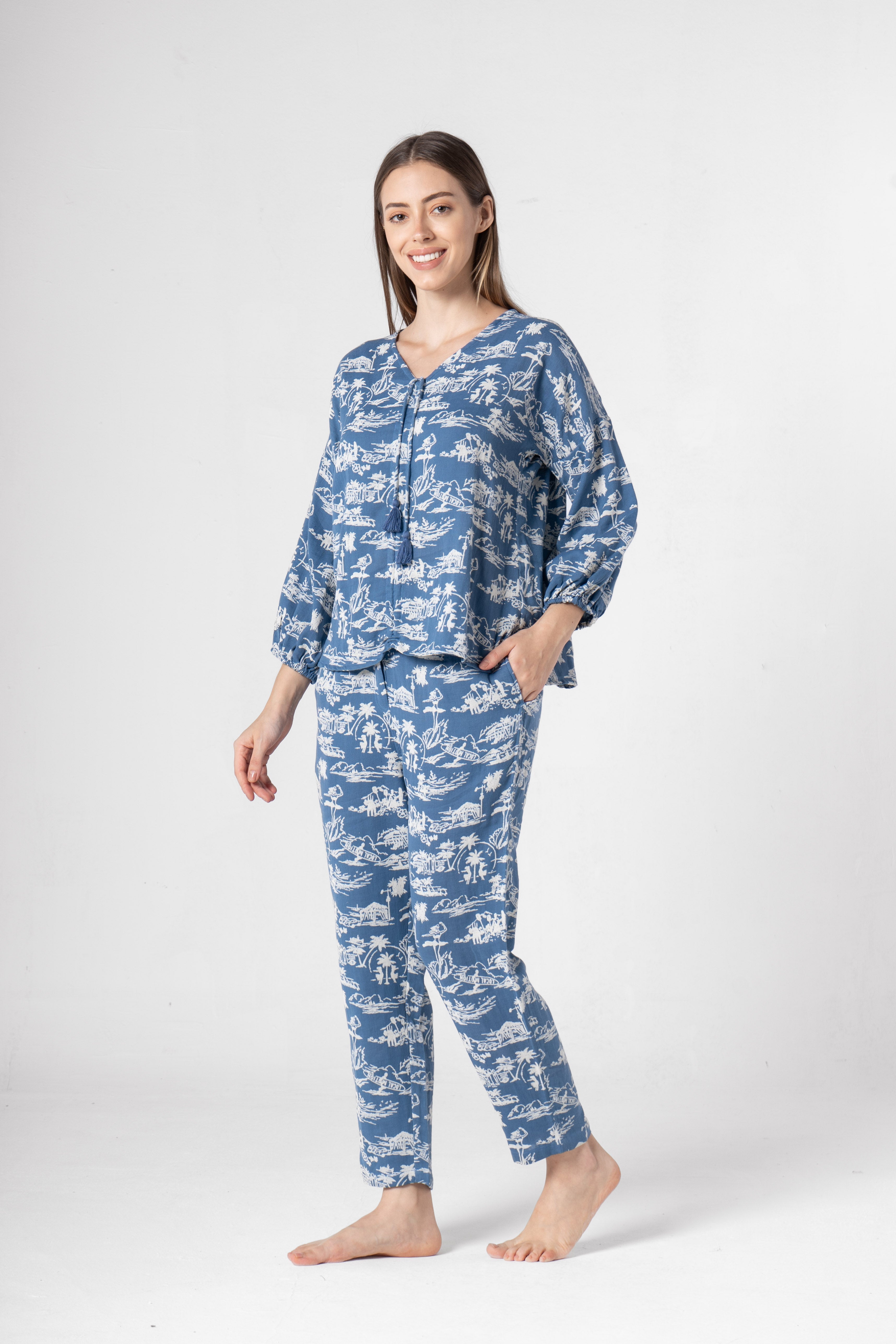 Blue Cotton Printed Co-ords Set for Women - SanskrutiHomes 