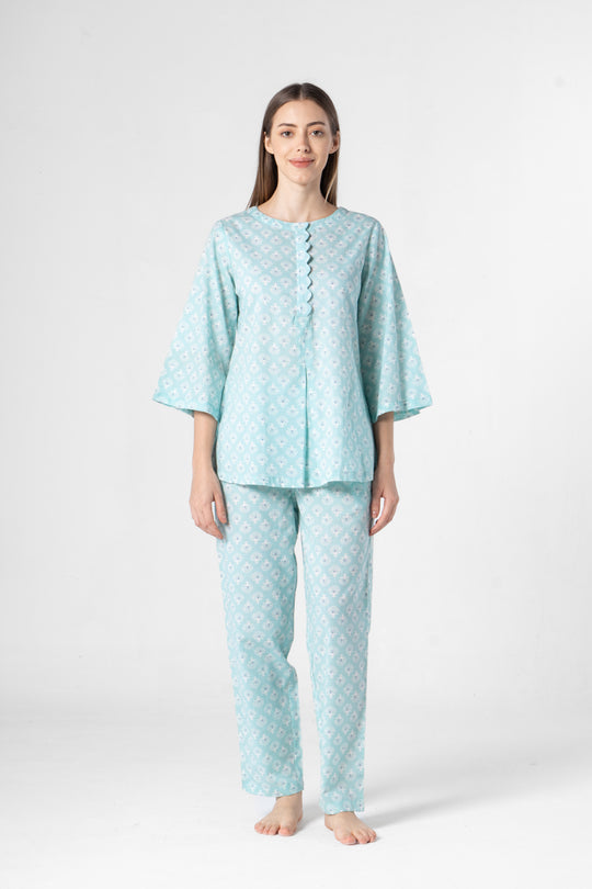 Sky Blue Flower Printed Cotton Night Suit Set