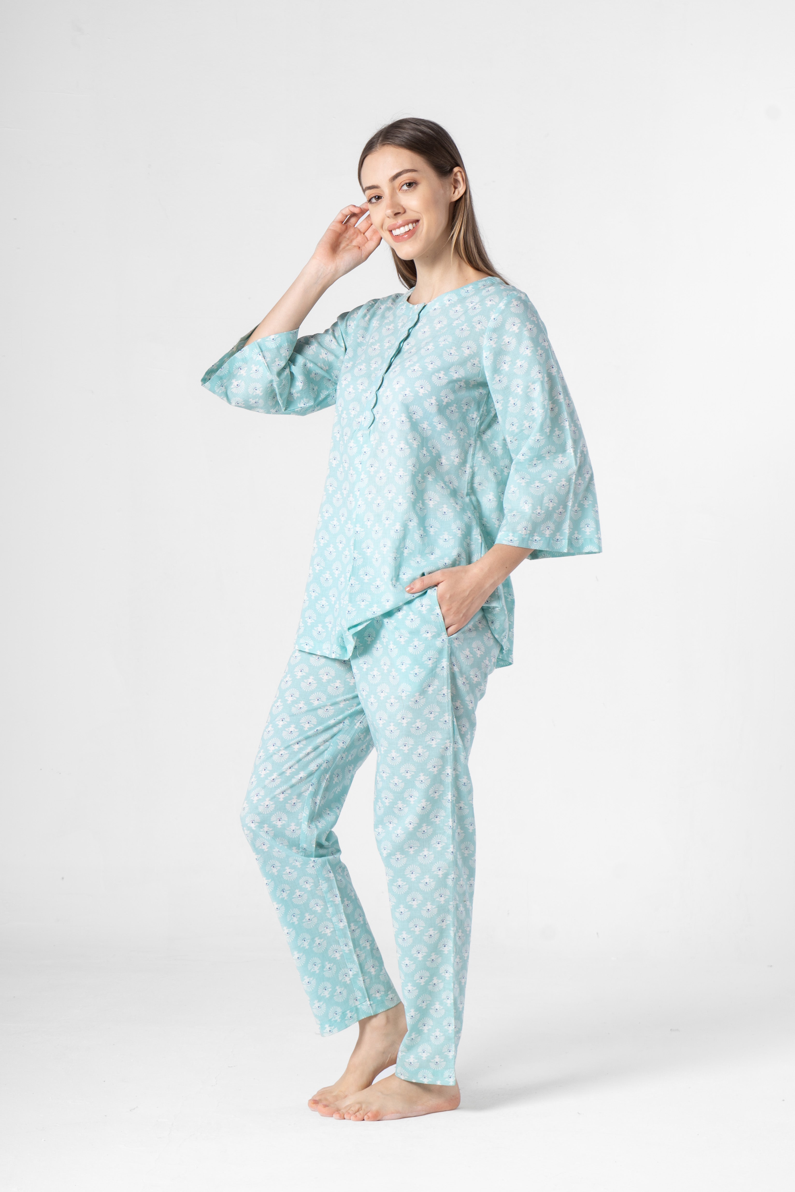 Sky Blue Flower Printed Cotton Night Suit Set