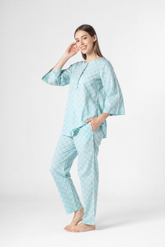 Sky Blue Flower Printed Cotton Night Suit Set