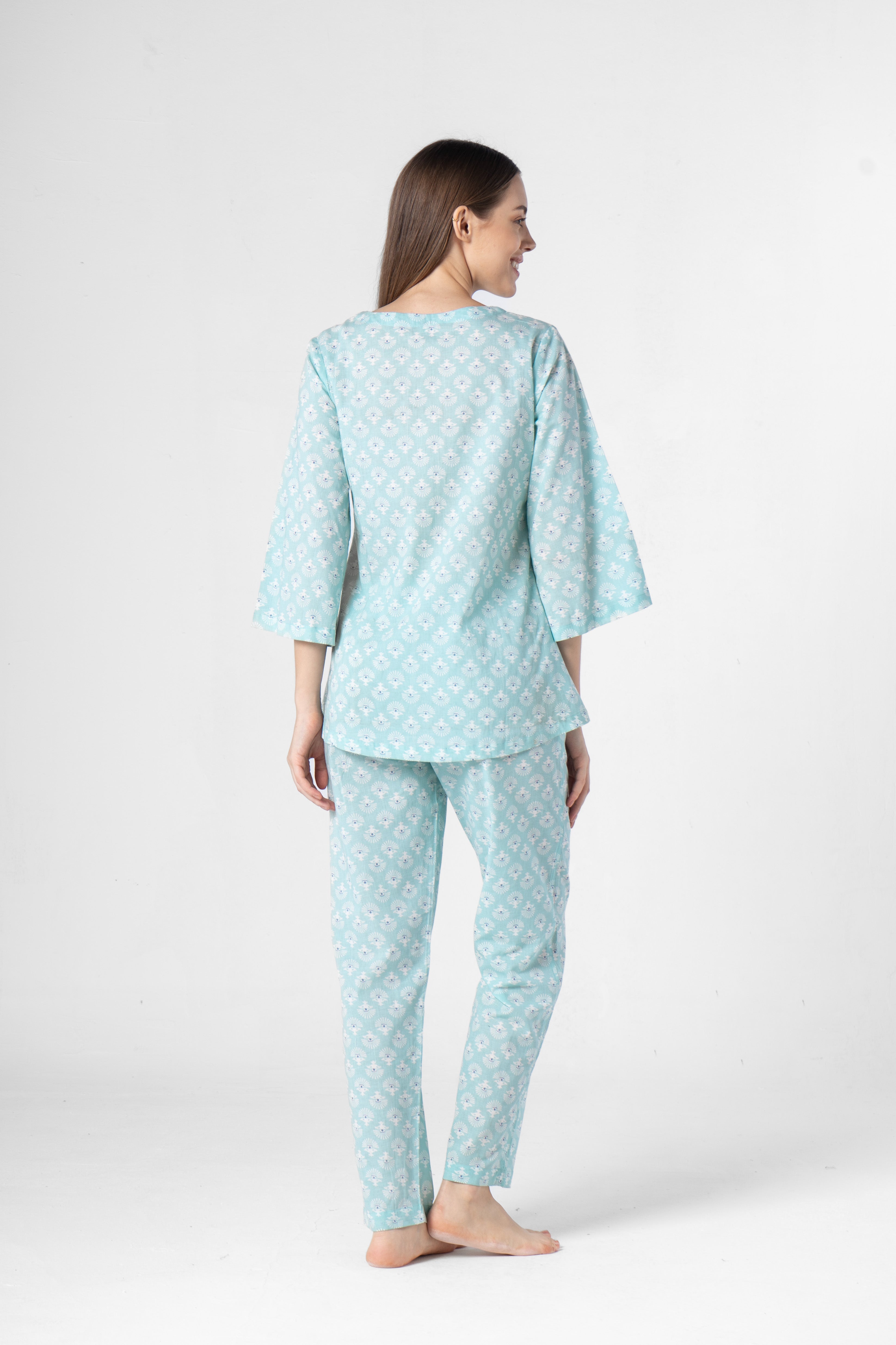 Sky Blue Flower Printed Cotton Night Suit Set