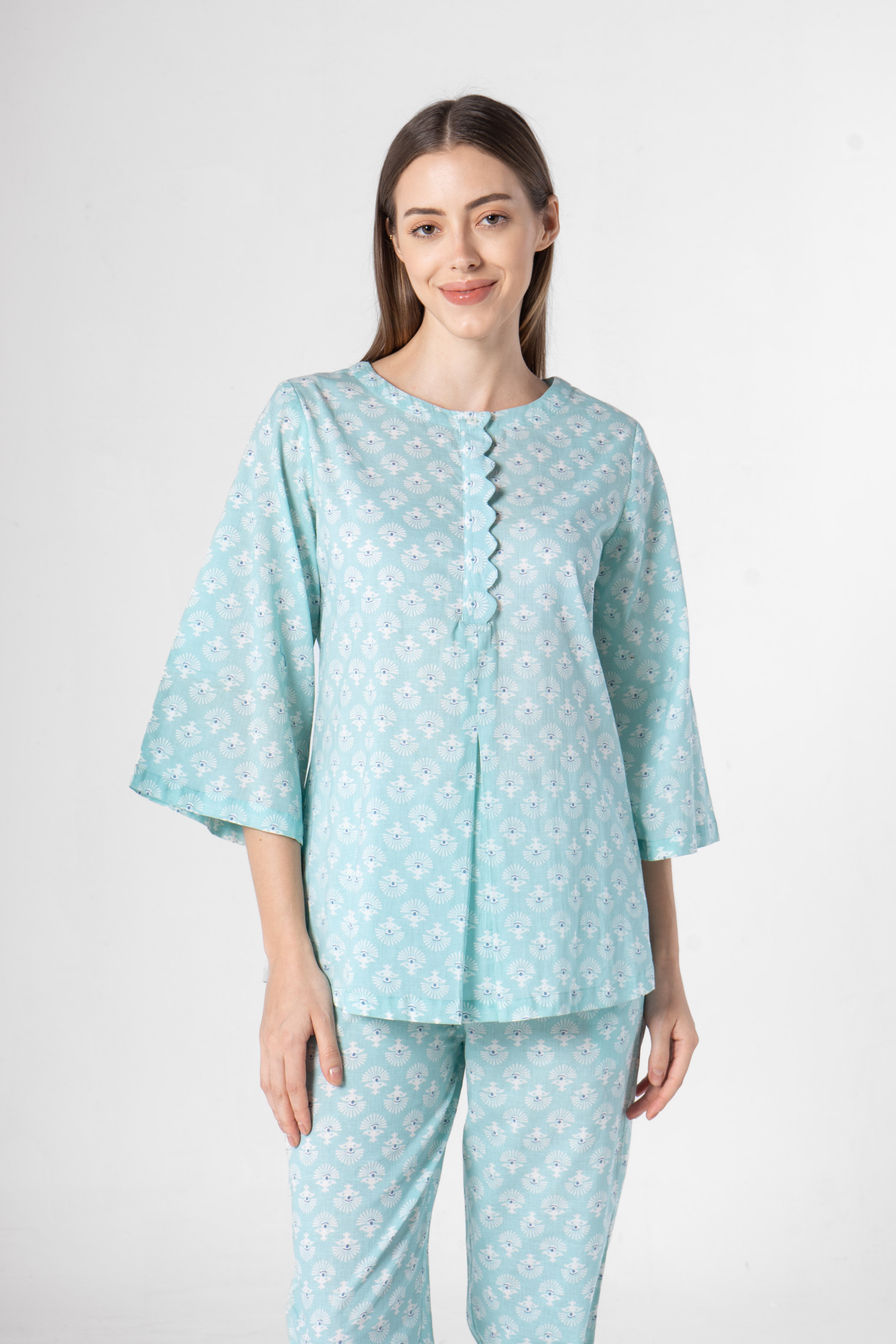 Sky Blue Flower Printed Cotton Night Suit Set