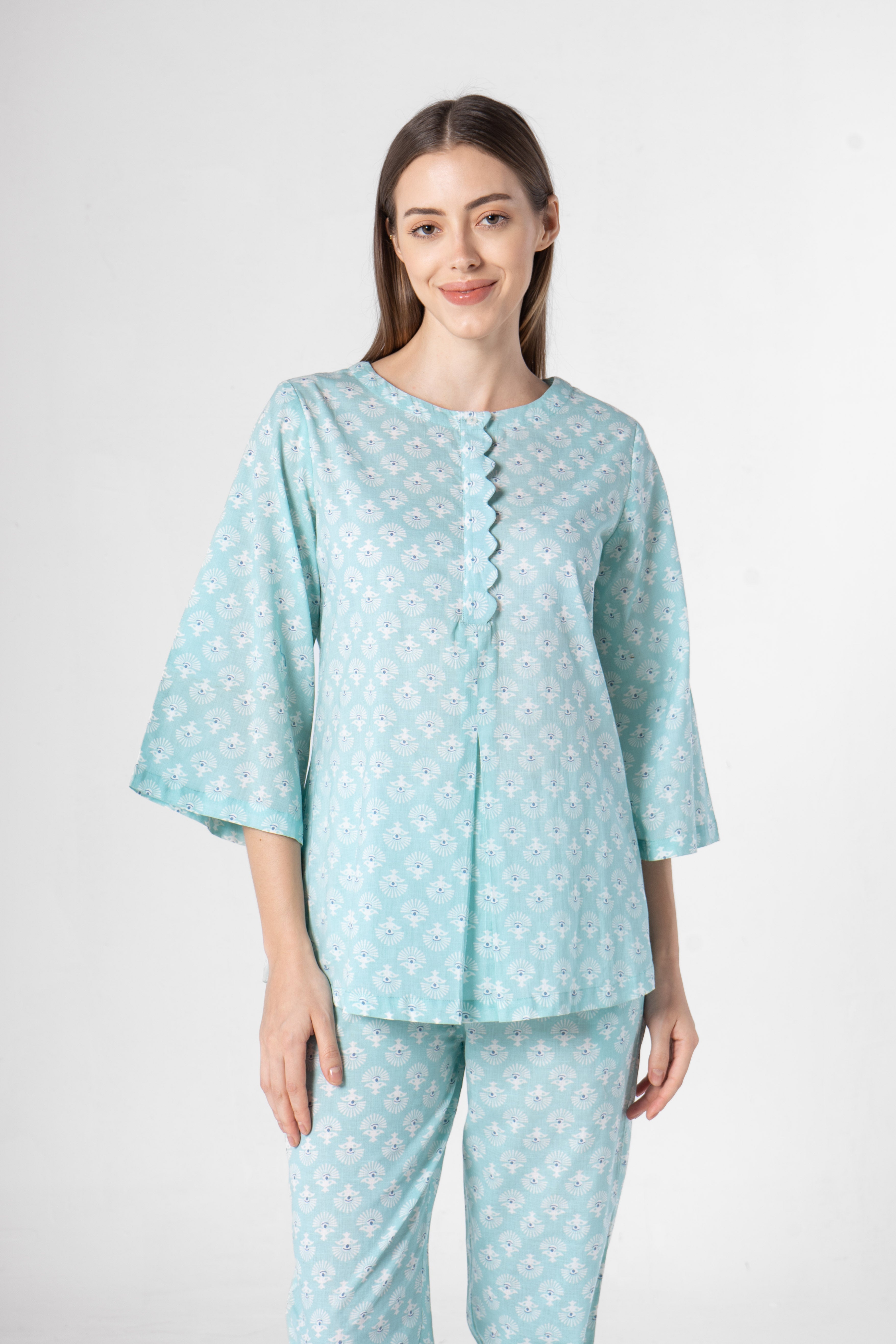 Sky Blue Flower Printed Cotton Night Suit Set - SanskrutiHomes 