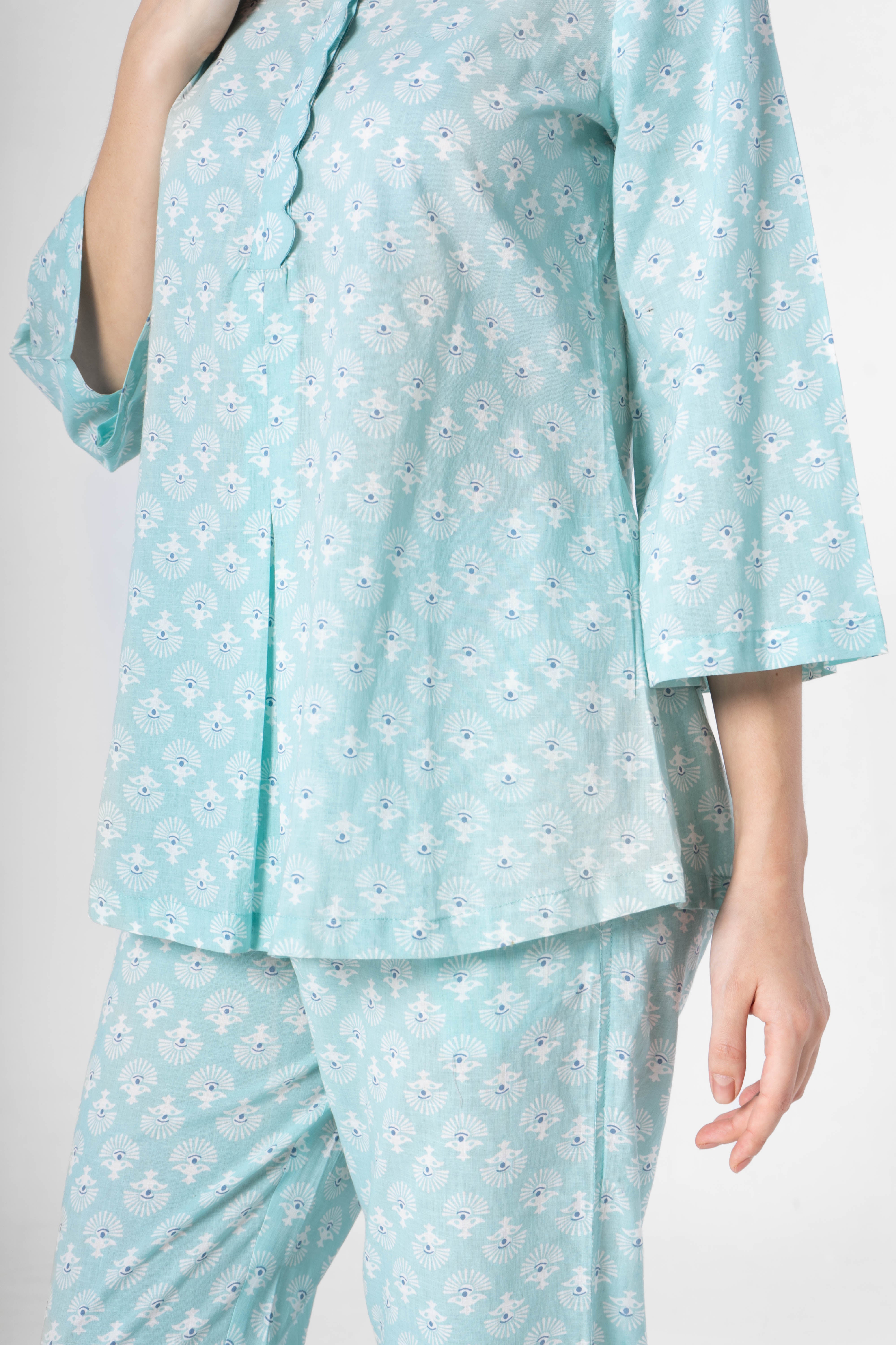 Sky Blue Flower Printed Cotton Night Suit Set