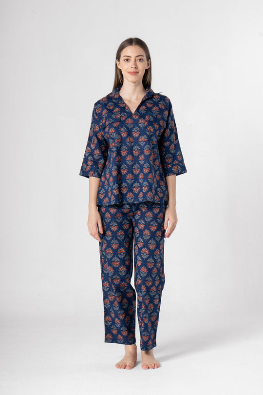 Blue Flower Printed Cotton Night Suit Set