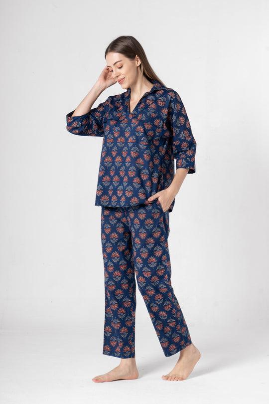Blue Flower Printed Cotton Night Suit Set