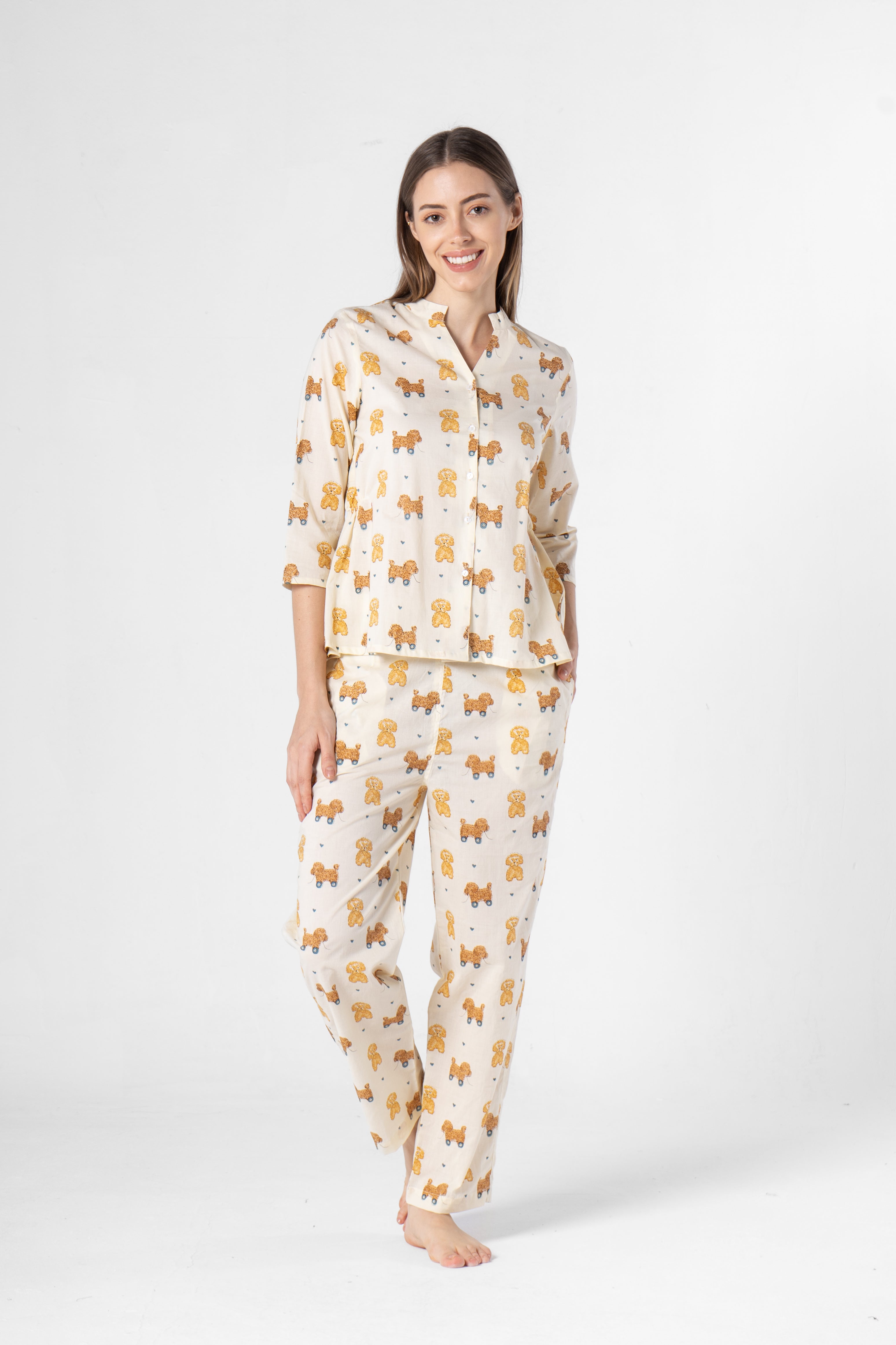 White Animal Print Night Suit for Women - SanskrutiHomes 