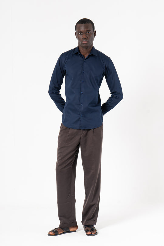 Navy Blue Solid Print Full Sleeve Shirt