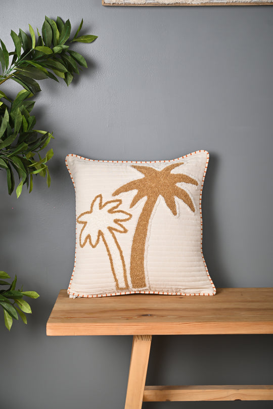 Beige Coconut Tree Design Truffted Cushion Cover