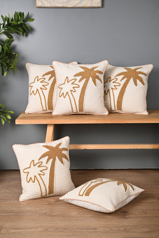 Beige Coconut Tree Design Truffted Cushion Cover