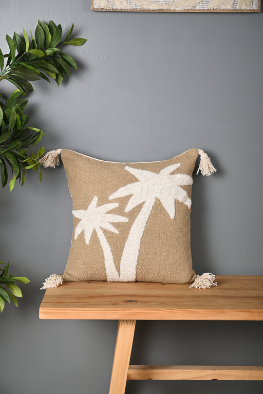 Beige Truffted Coconut Tree Design Cushion Cover