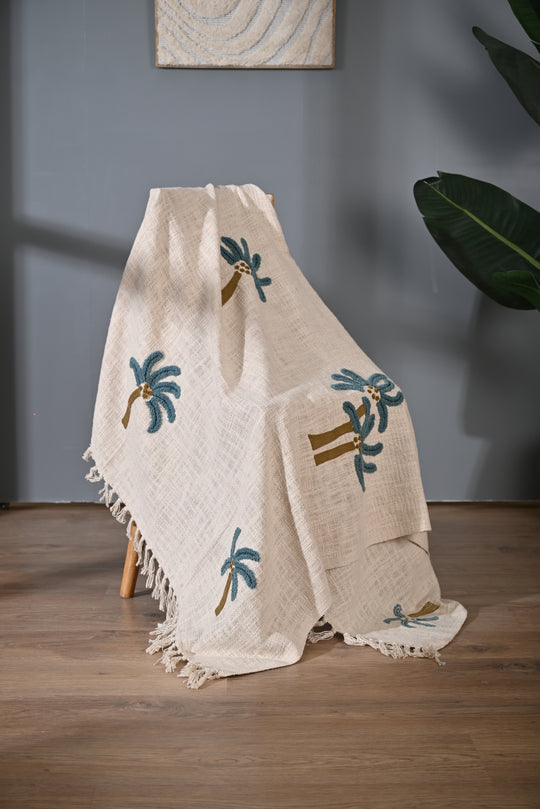 Beige Color Tree Embroidery and Tassel Throw