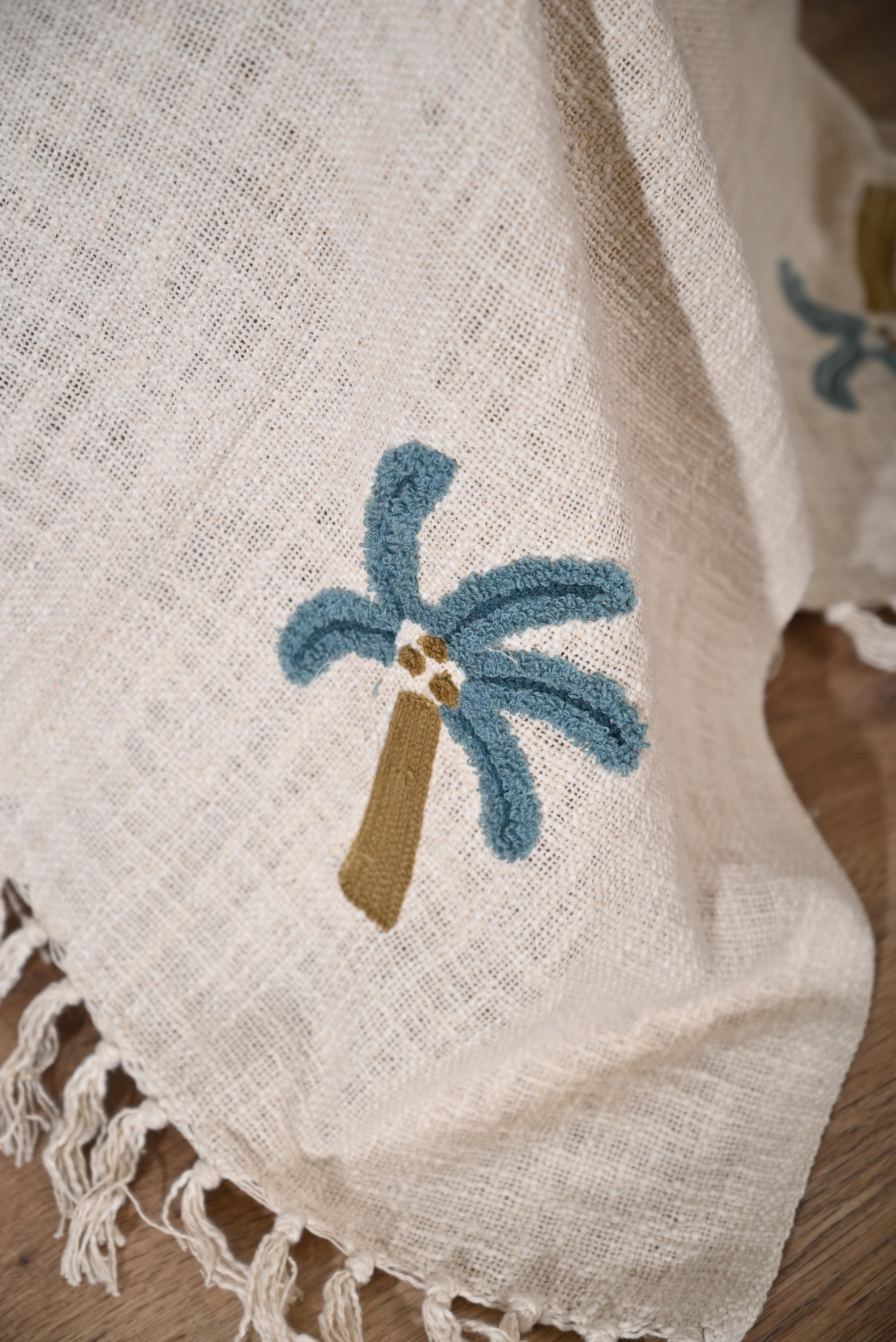 Beige Color Tree Embroidery and Tassel Throw