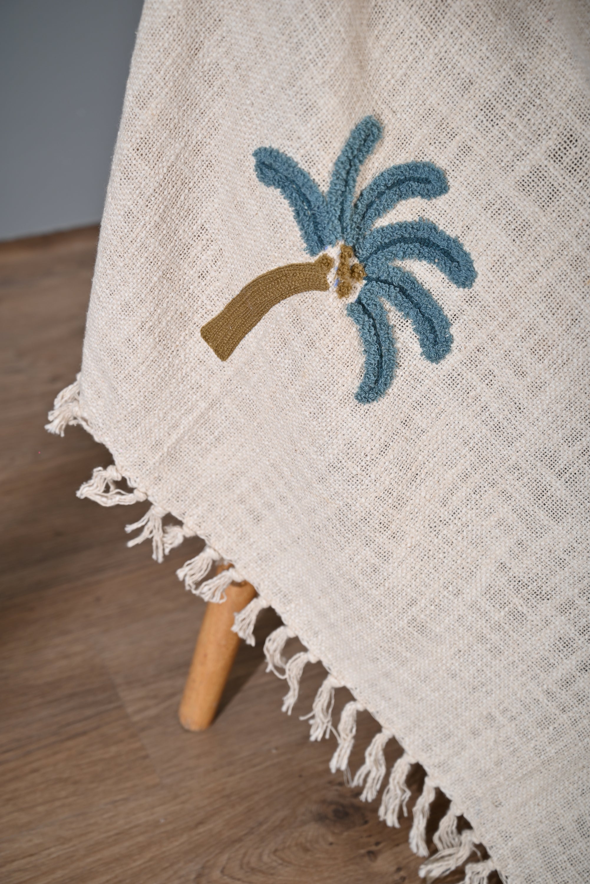 Beige Color Tree Embroidery and Tassel Throw