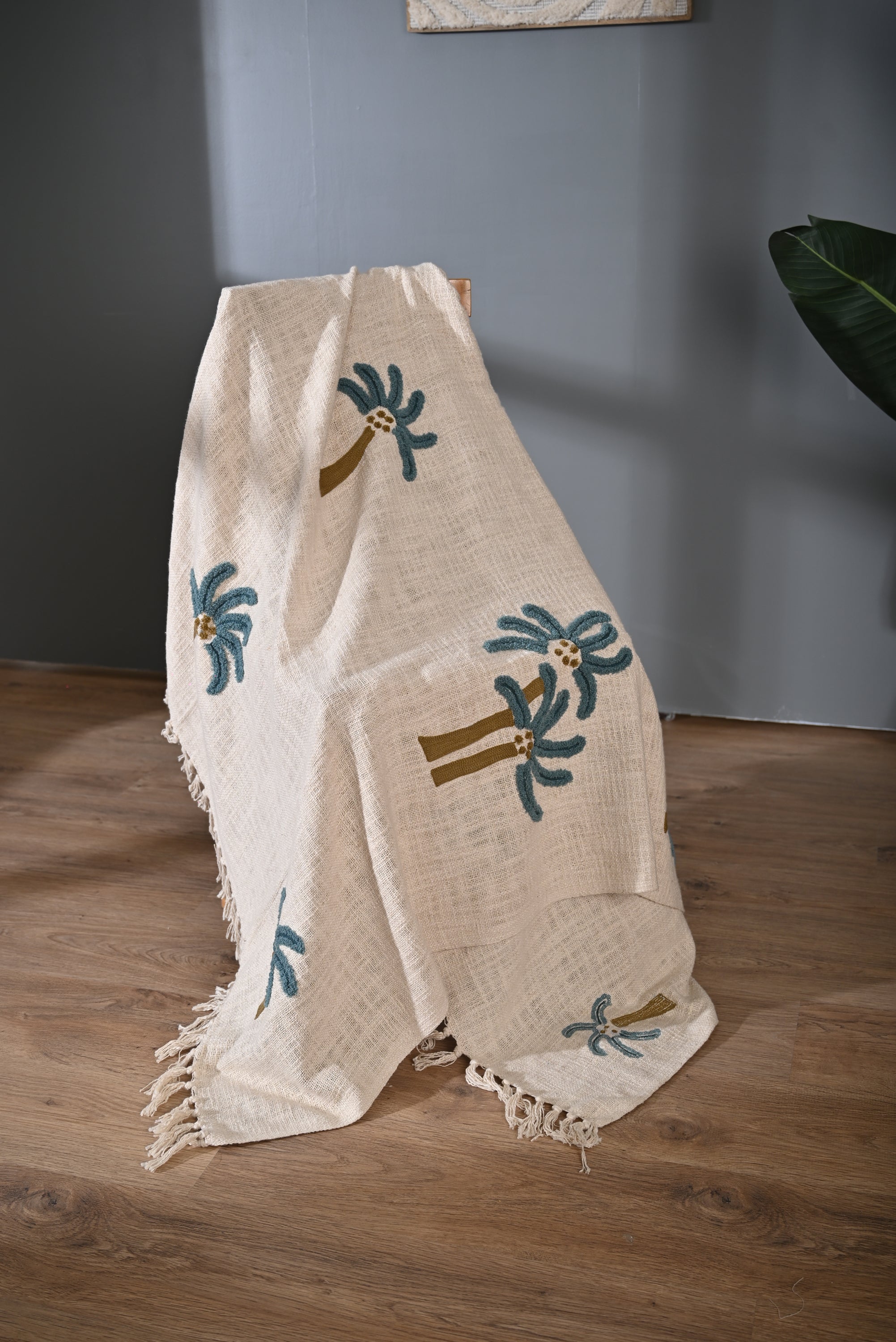 Beige Color Tree Embroidery and Tassel Throw