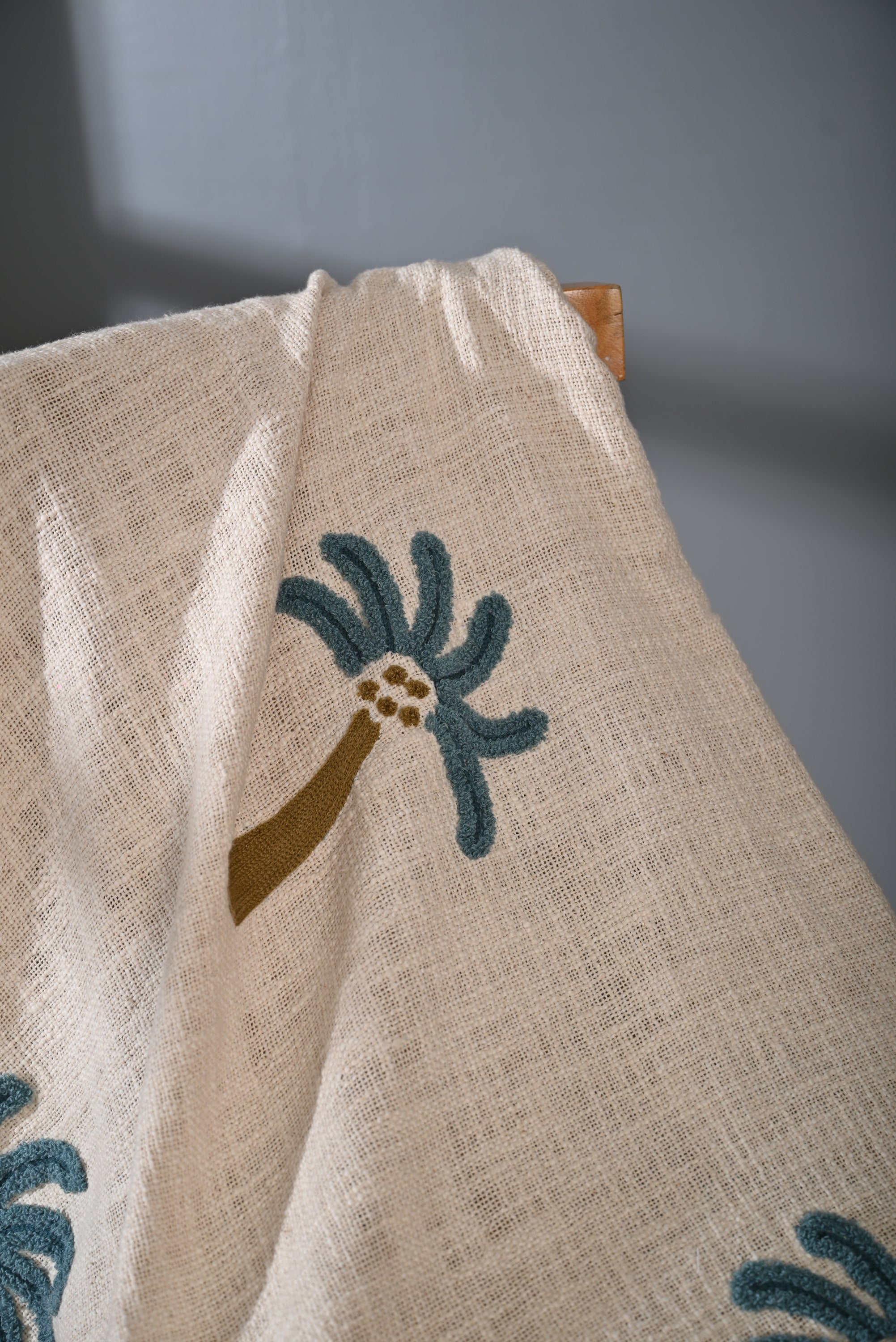 Beige Color Tree Embroidery and Tassel Throw