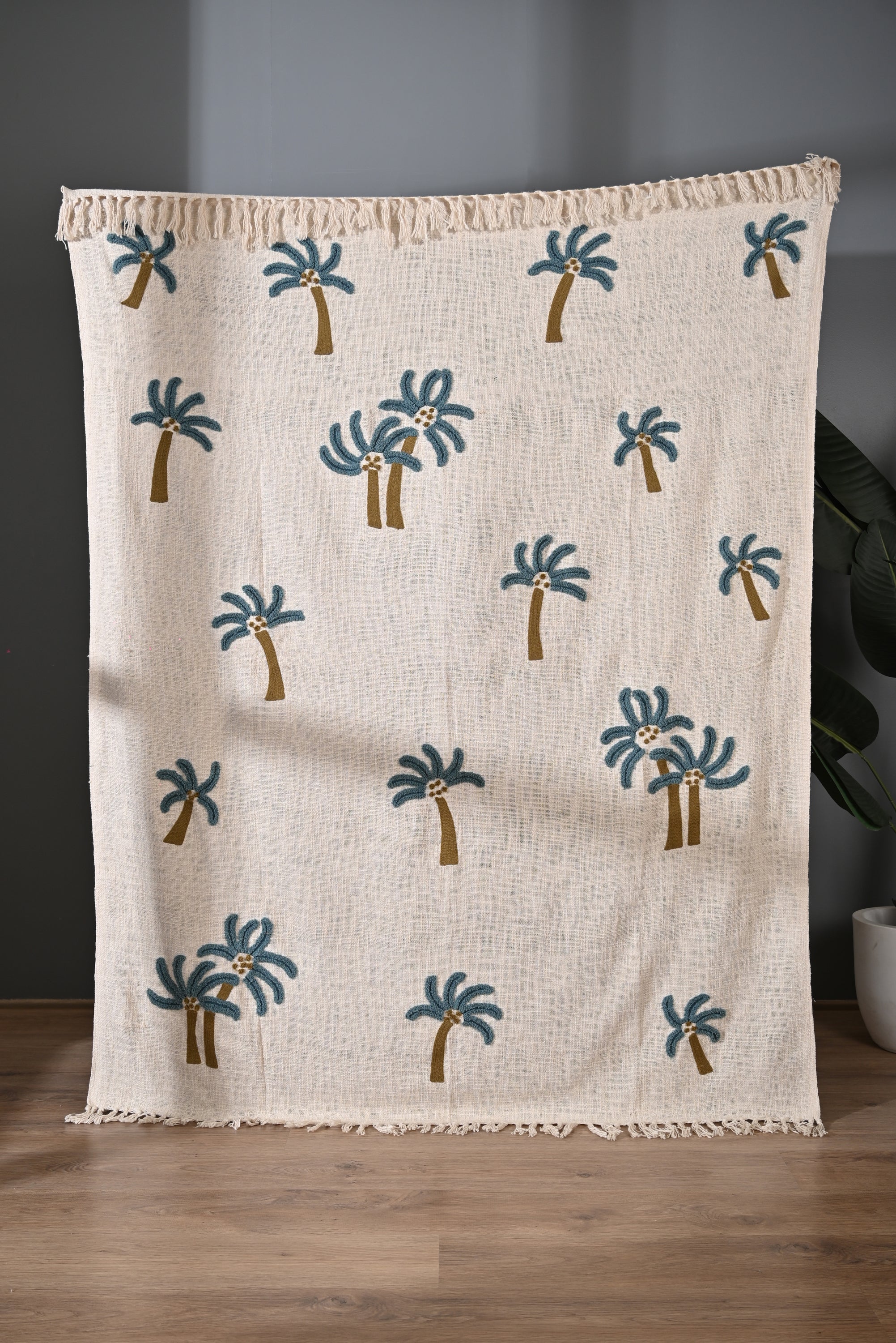 Beige Color Tree Embroidery and Tassel Throw