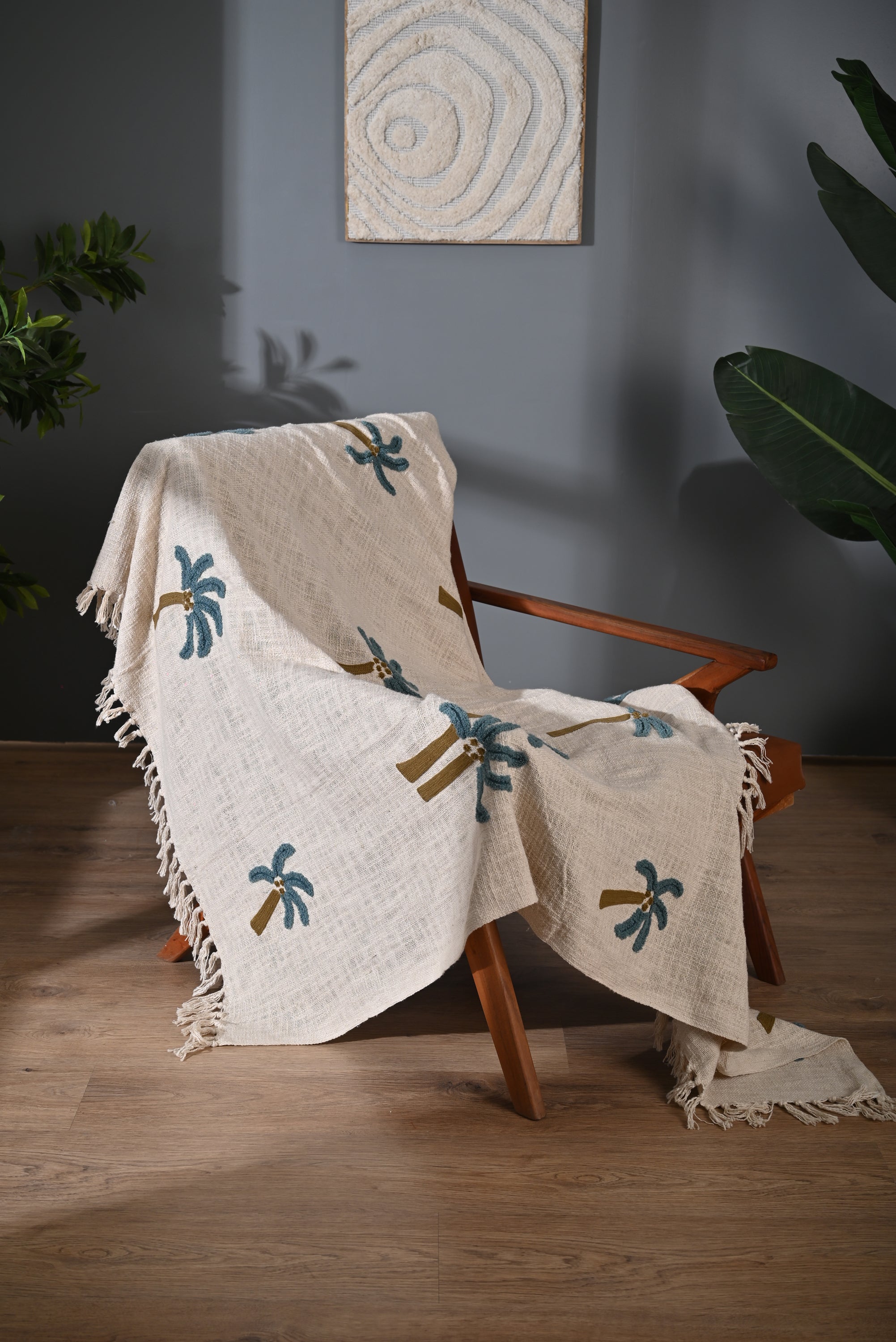 Beige Color Tree Embroidery and Tassel Throw