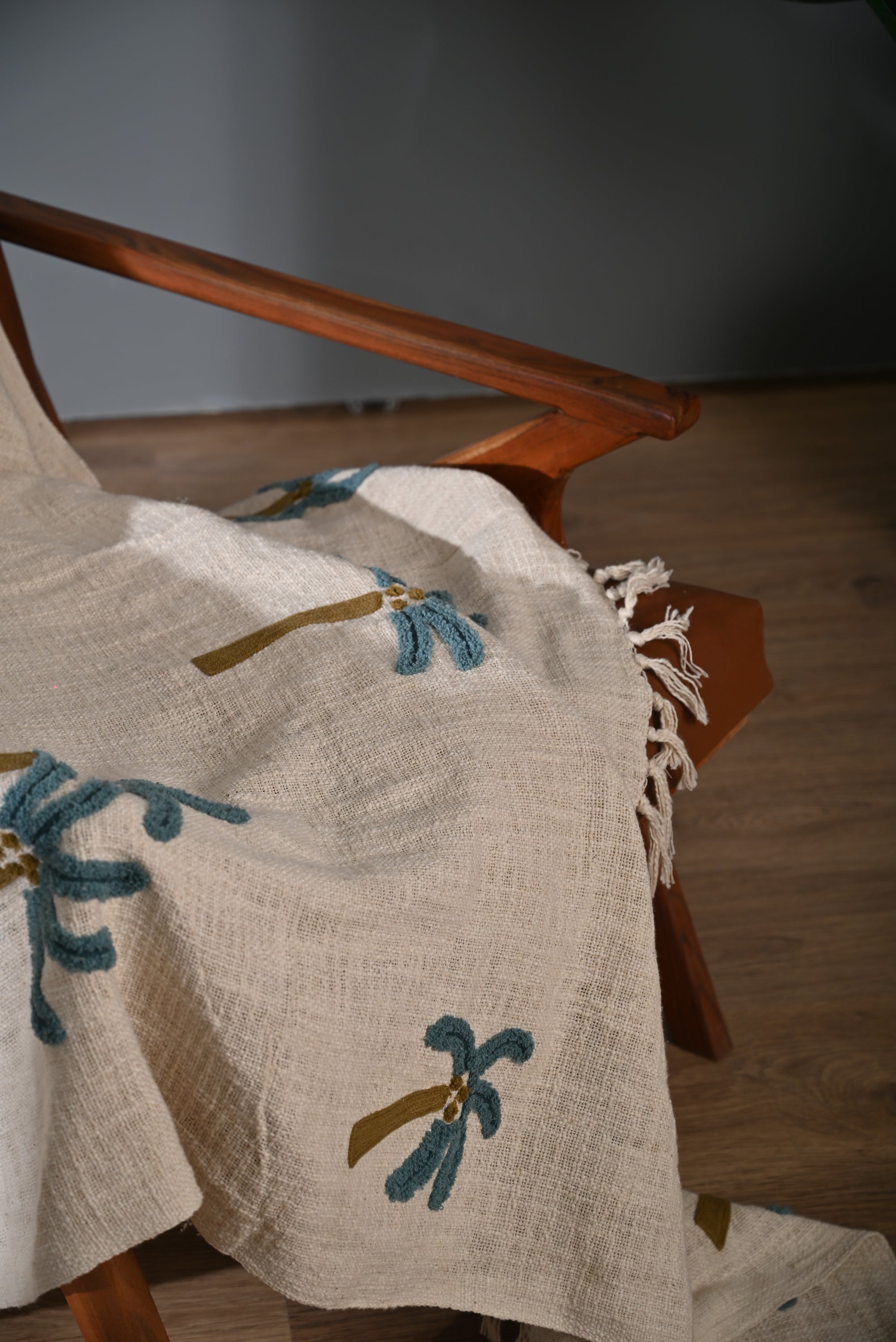 Beige Color Tree Embroidery and Tassel Throw