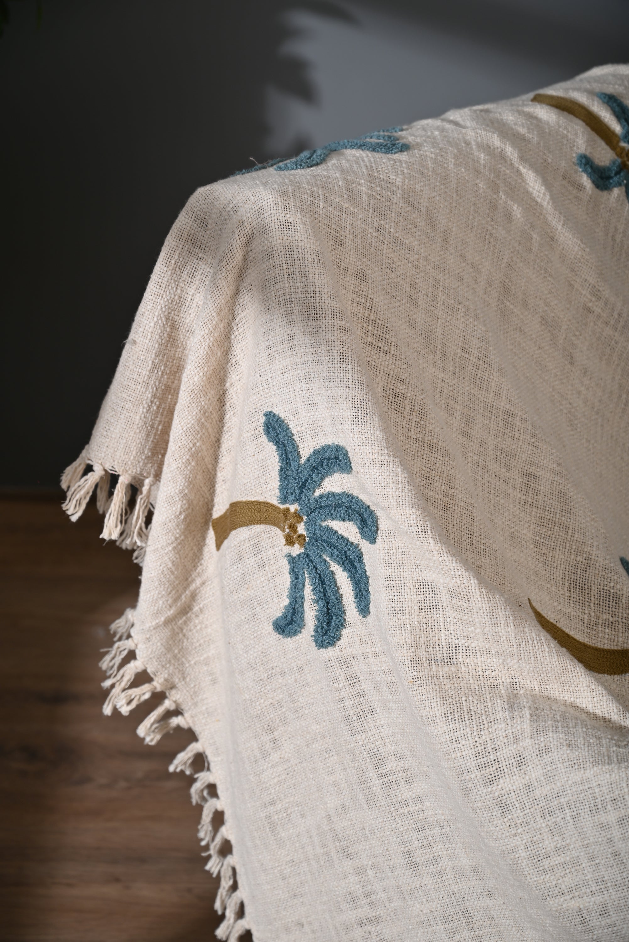 Beige Color Tree Embroidery and Tassel Throw