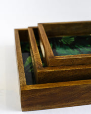 PRINTED RECTANGLE TRAY SET OF 3 WITH WOODEN BASE NOT MDF BASED