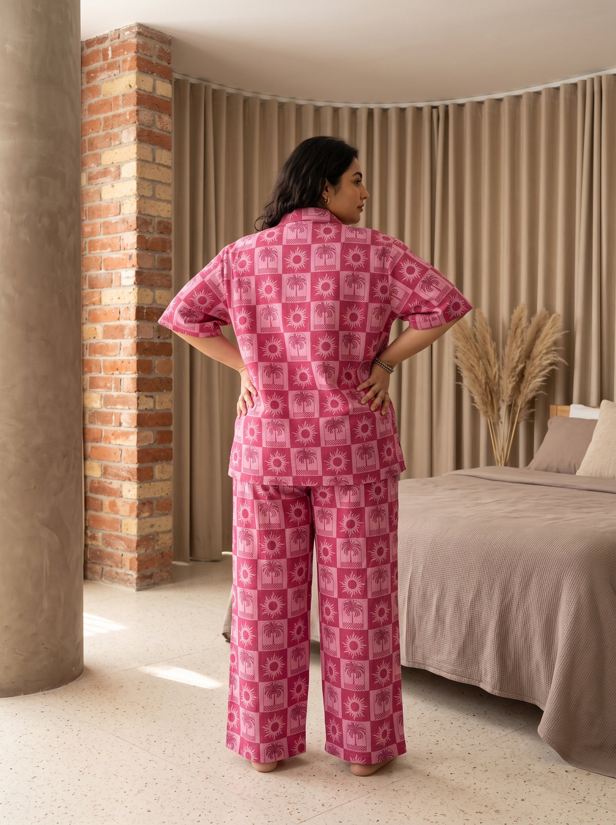 Pink Sun and Palm Tree Printed Shirt Collar Plus Size Cotton Night Suit For Women