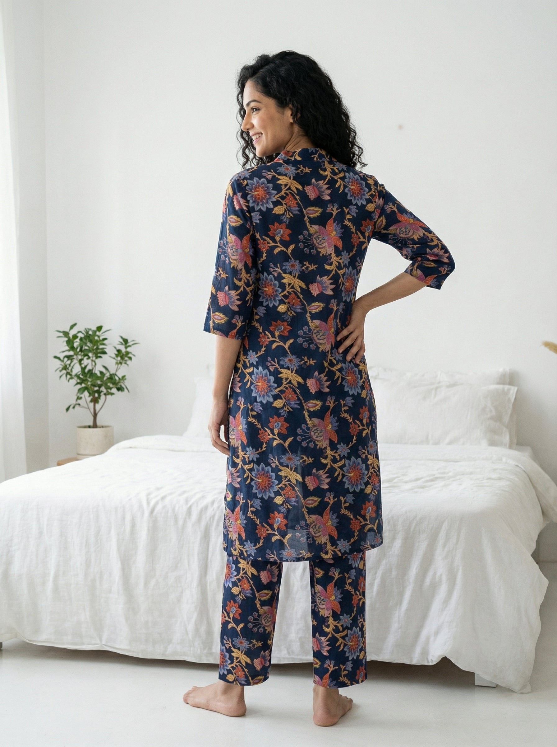 Navy Blue Round Neck Floral Print Three Piece Cotton Night Suit Set For Women