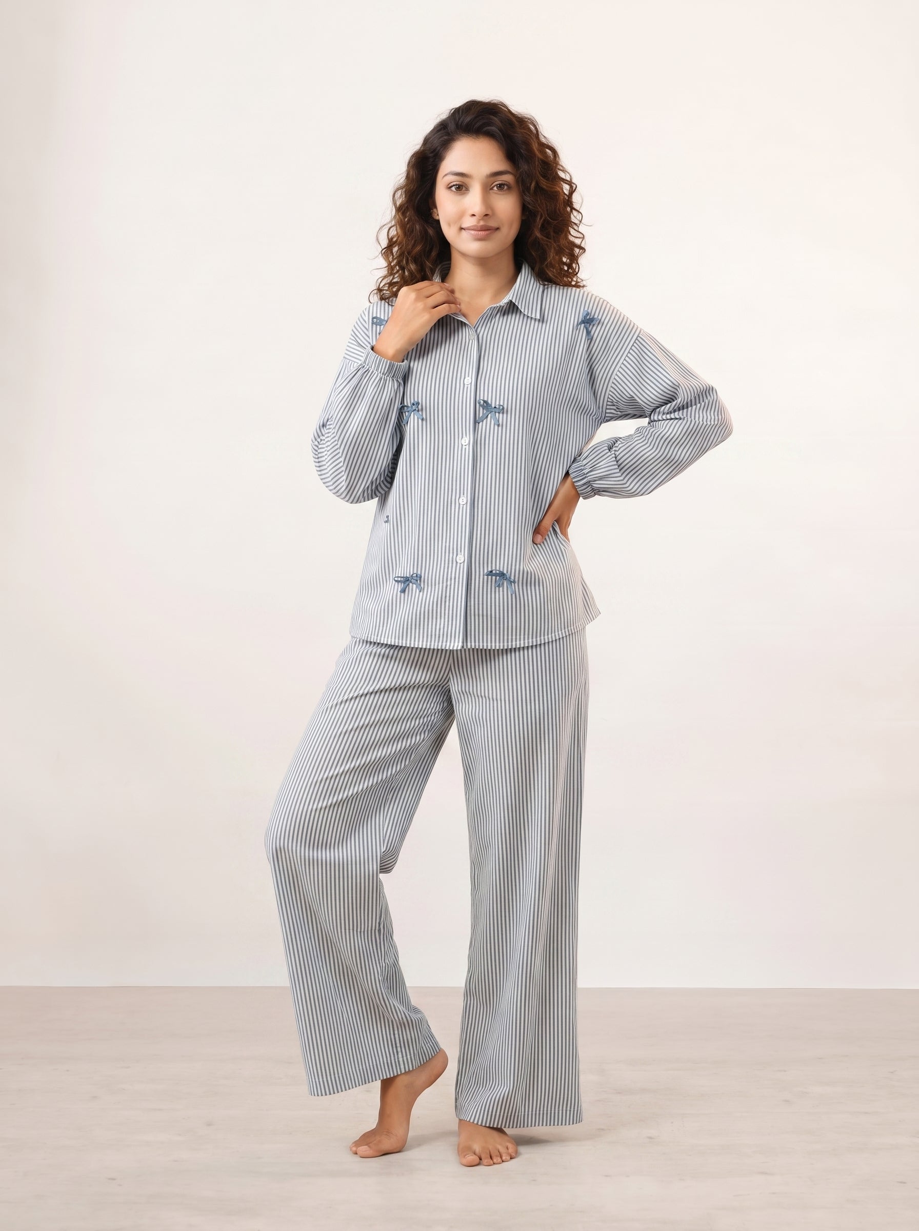 Blue Shirt Collar Striped Print Pure Cotton Night Suit For Women