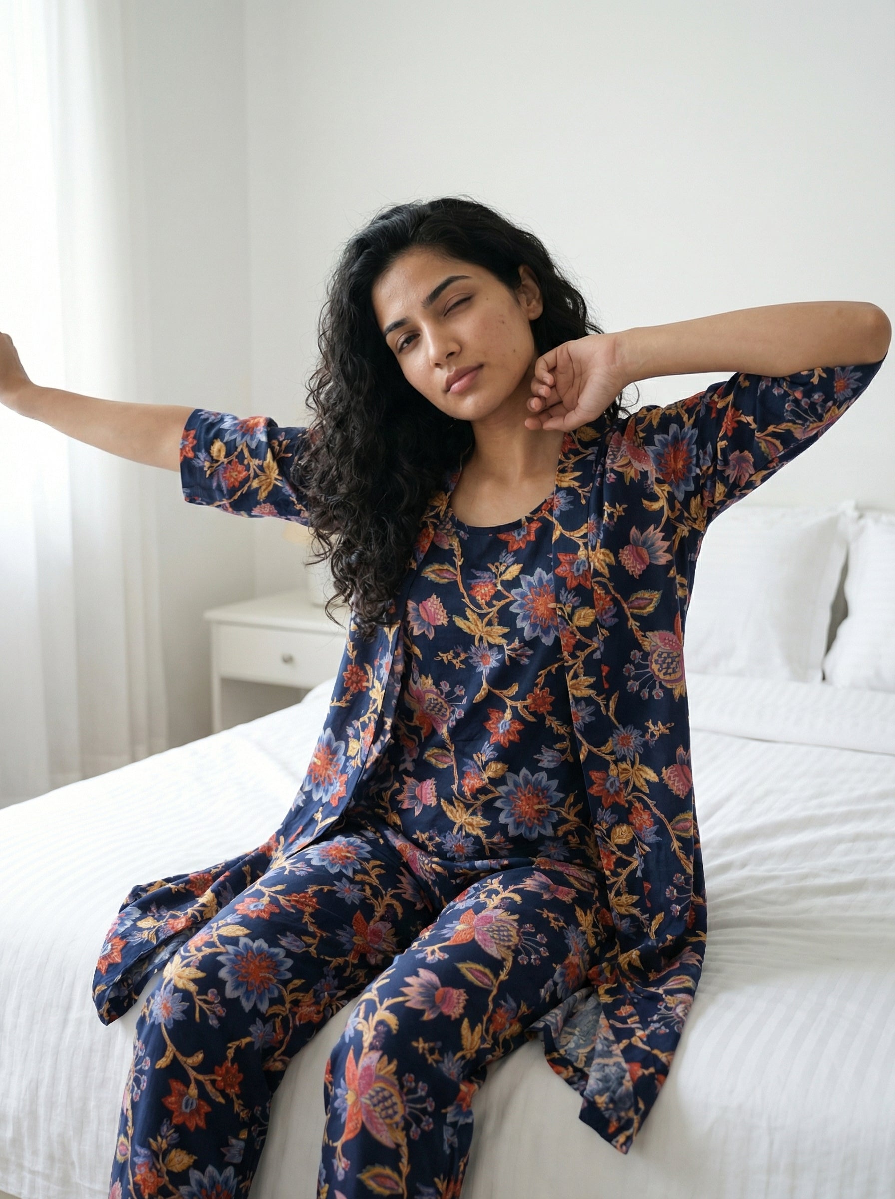 Navy Blue Round Neck Floral Print Three Piece Cotton Night Suit Set For Women