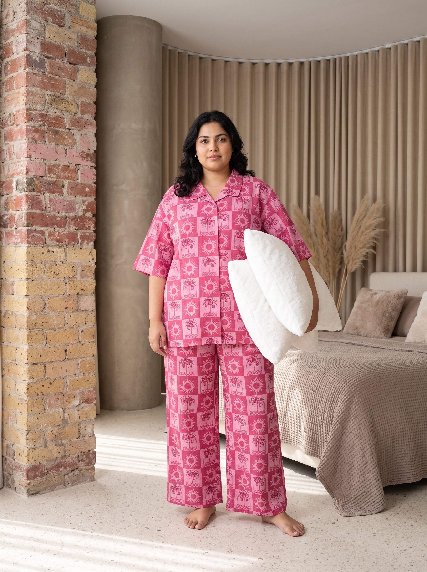 Pink Sun and Palm Tree Printed Shirt Collar Plus Size Cotton Night Suit For Women