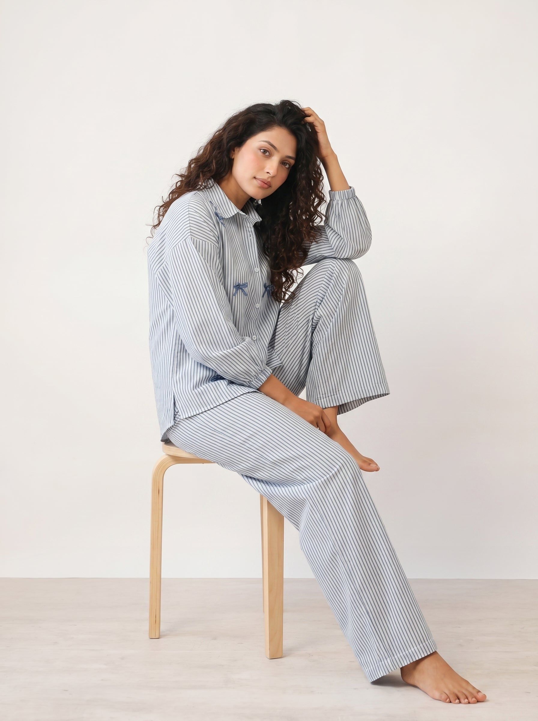 Blue Shirt Collar Striped Print Pure Cotton Night Suit For Women
