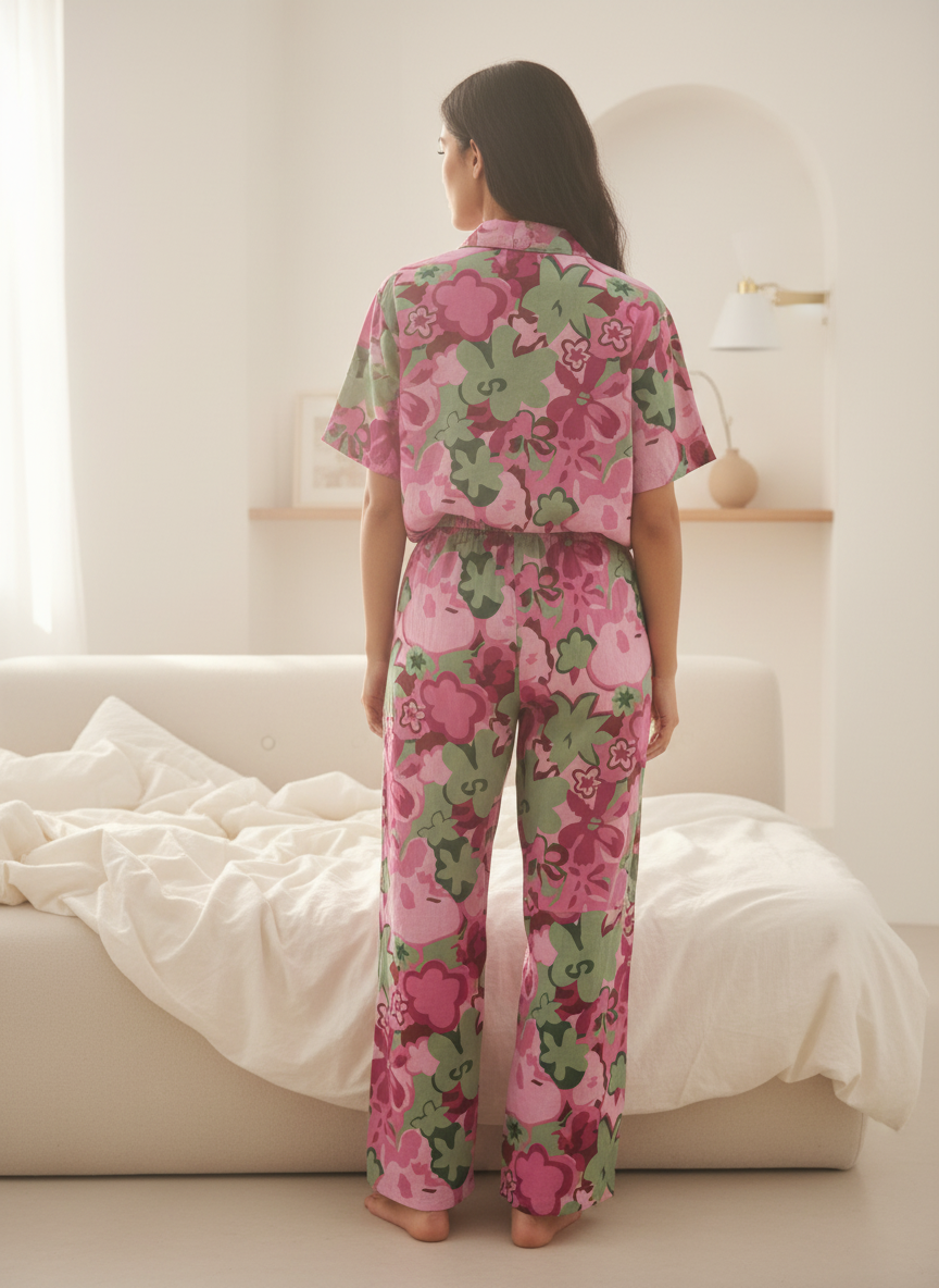 Pink Floral Lapel Collar Printed Pure Cotton Night Suit