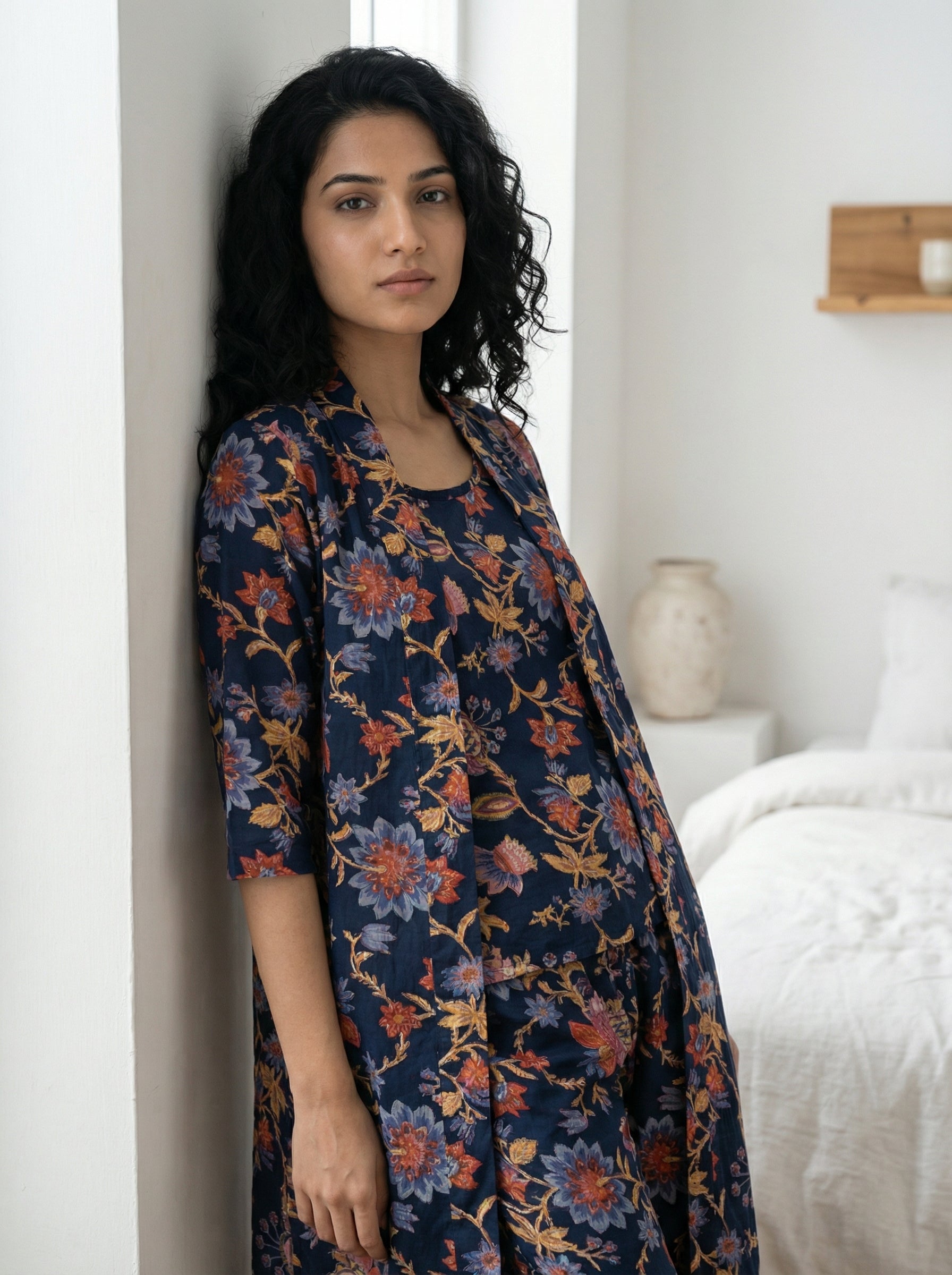 Navy Blue Round Neck Floral Print Three Piece Cotton Night Suit Set For Women