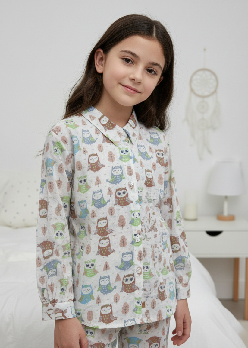 White Abstract Printed Pure Cotton Shirt Collar Night Suit for Kids