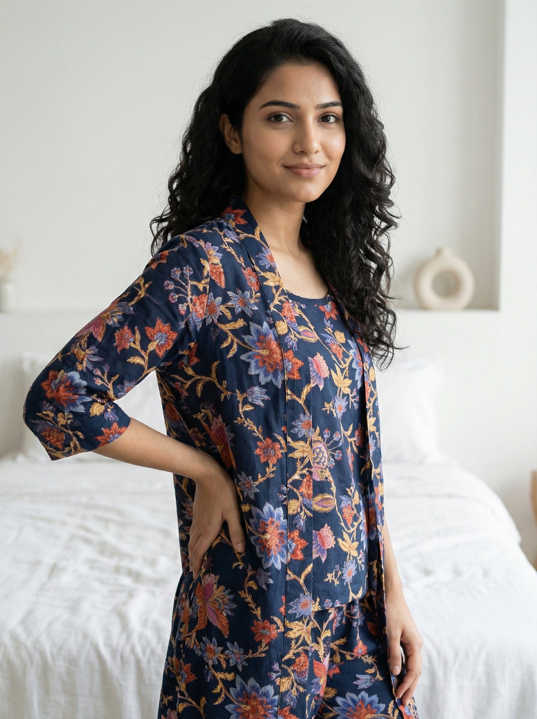 Navy Blue Round Neck Floral Print Three Piece Cotton Night Suit Set For Women
