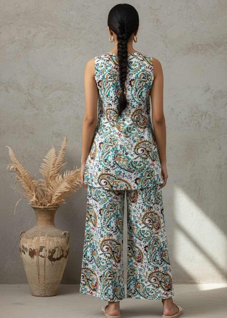 White Round Neck Sleeveless Printed Co-Ord Set For Women