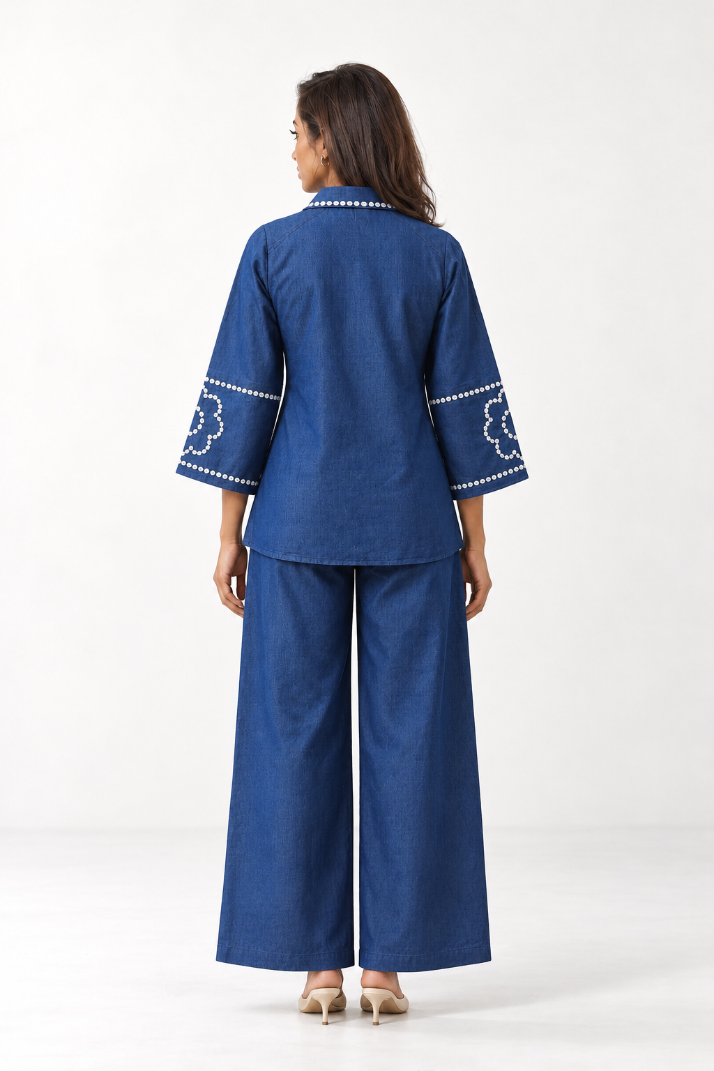 Navy Blue Embroidered Collar & Hem Tunic Trouser Co-Ord Set For Women
