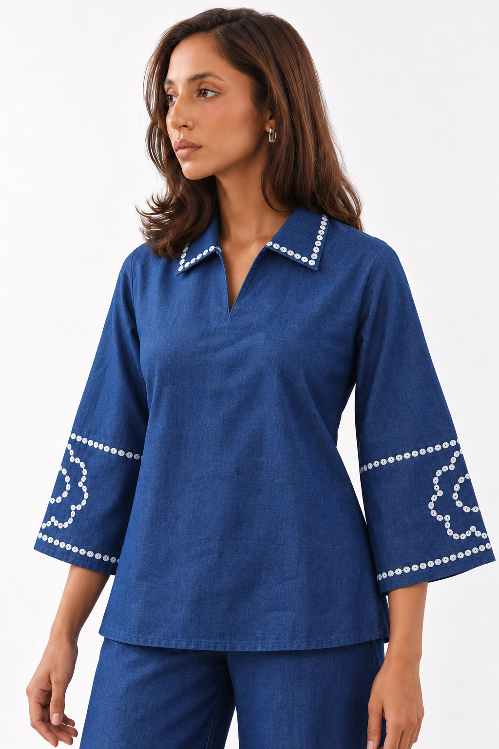 Navy Blue Embroidered Collar & Hem Tunic Trouser Co-Ord Set For Women