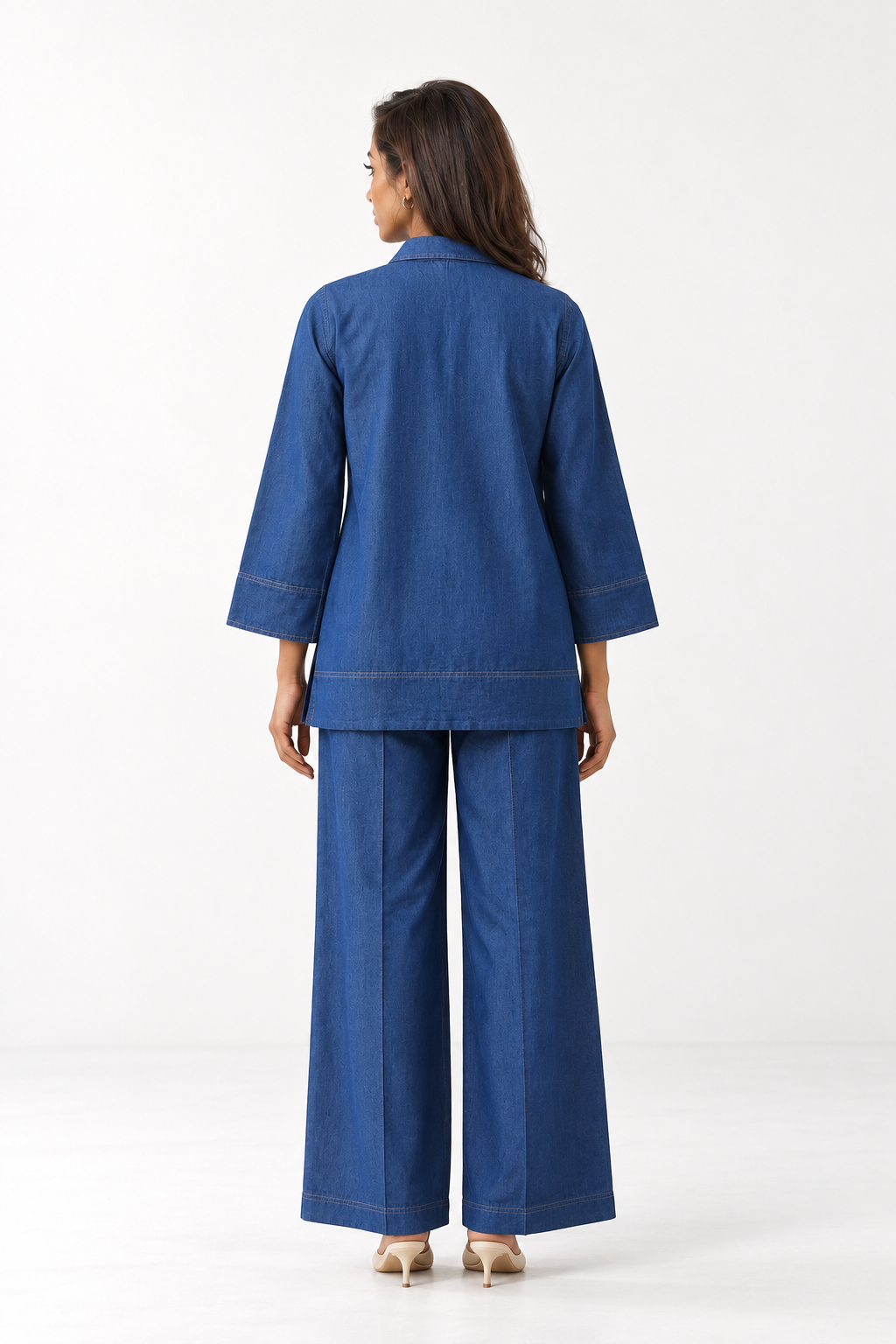Navy Blue Denim Pure Cotton Solid Shirt Collar Co-Ord Set For Women