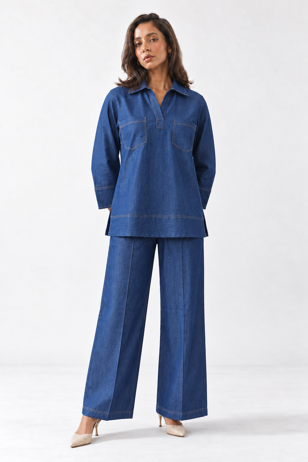 Navy Blue Denim Pure Cotton Solid Shirt Collar Co-Ord Set For Women
