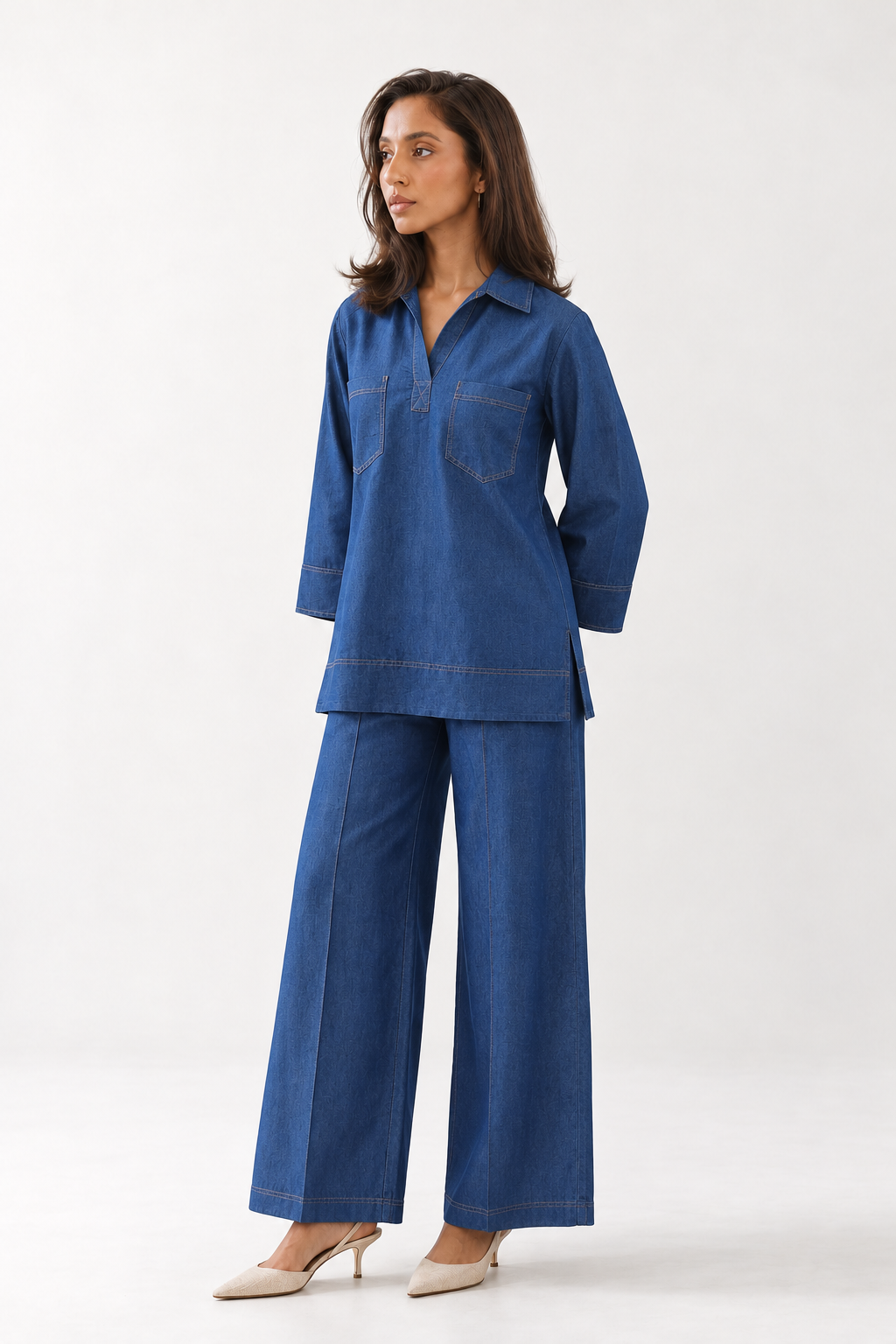Navy Blue Denim Pure Cotton Solid Shirt Collar Co-Ord Set For Women
