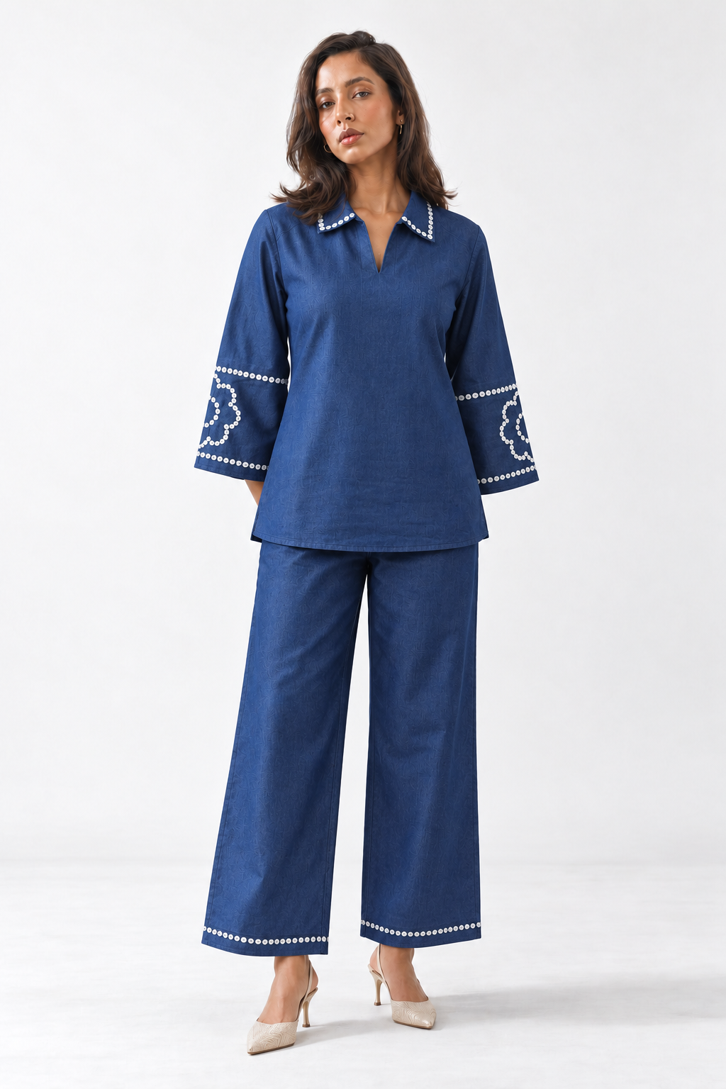Navy Blue Embroidered Collar & Hem Tunic Trouser Co-Ord Set For Women