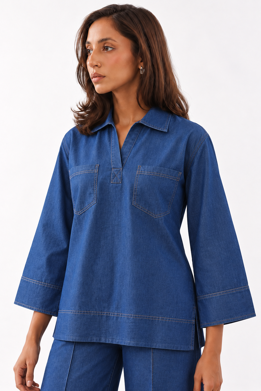 Navy Blue Denim Pure Cotton Solid Shirt Collar Co-Ord Set For Women