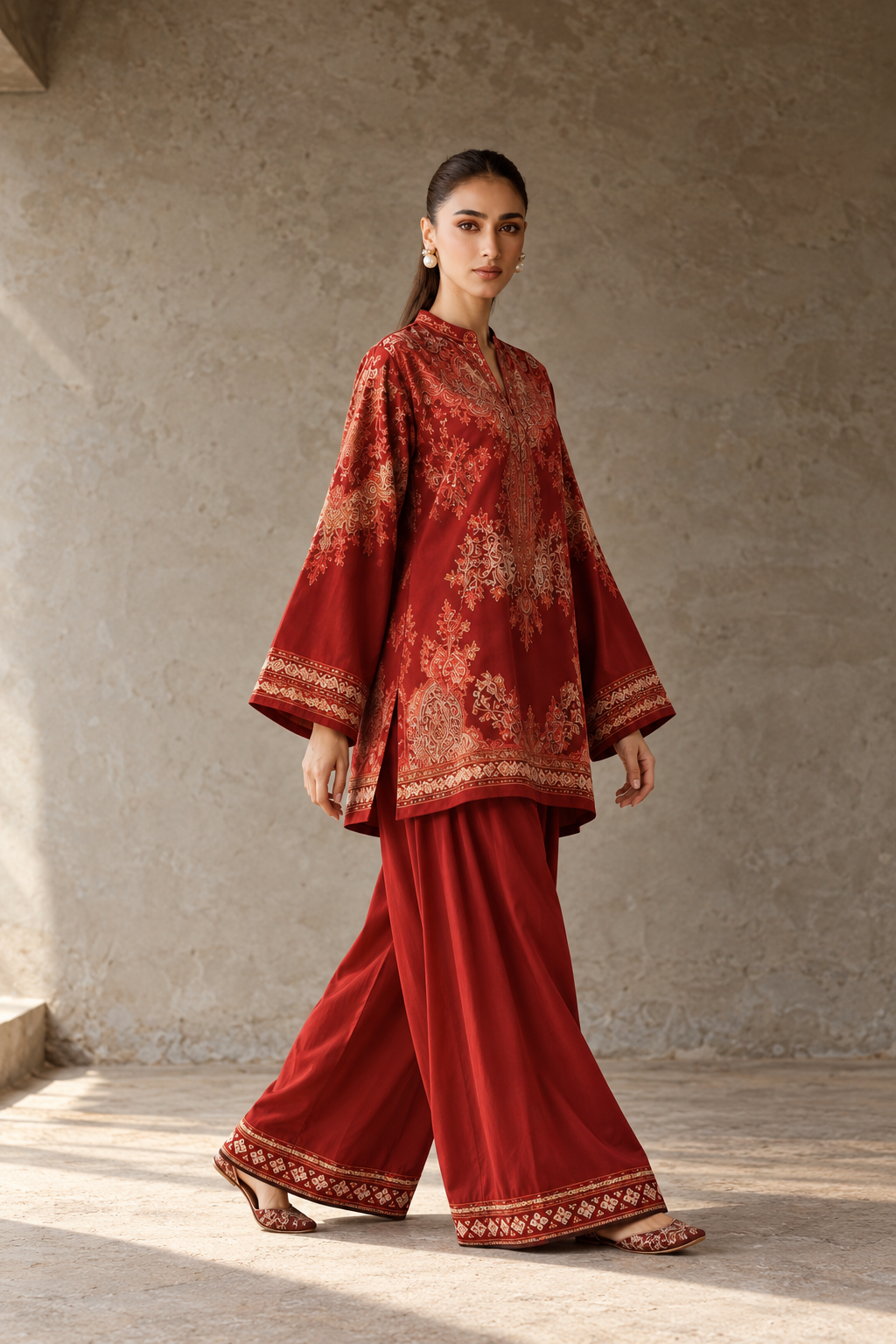 Red Mandarin Neck Paisley Print Tunic & Farshi Salwar Co-Ord Set For Women