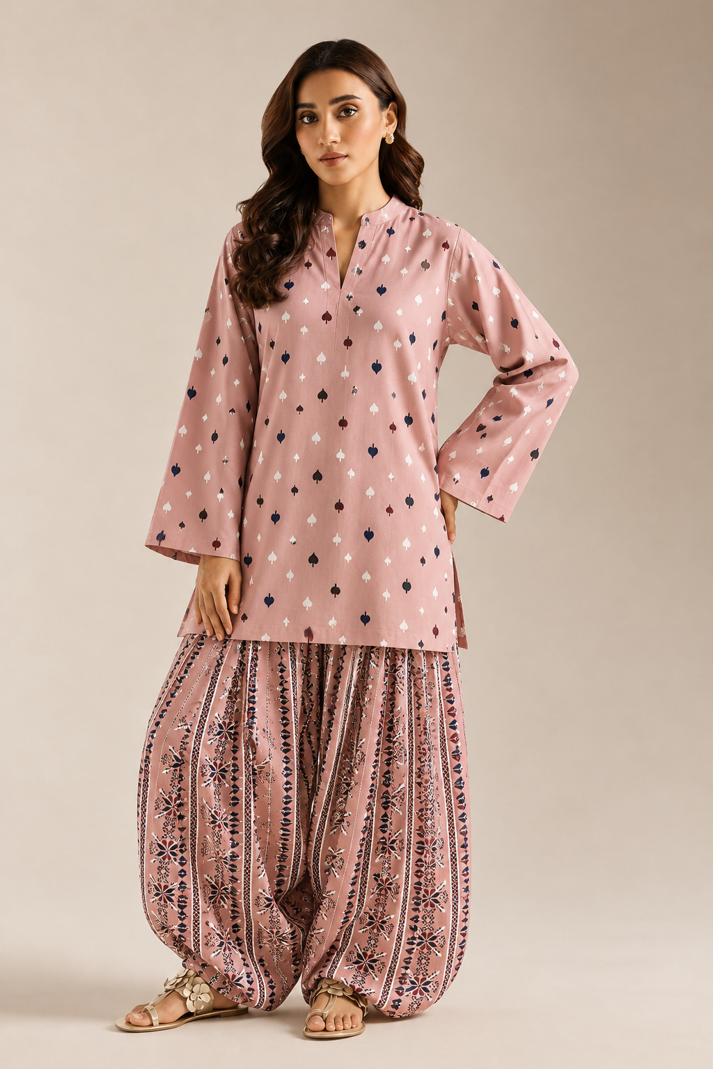 Pink Geometric Leaf Print Tunic & Striped Farshi Salwar Co-Ord Set For Women