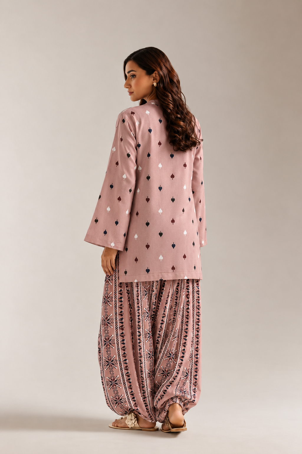 Pink Geometric Leaf Print Tunic & Striped Farshi Salwar Co-Ord Set For Women